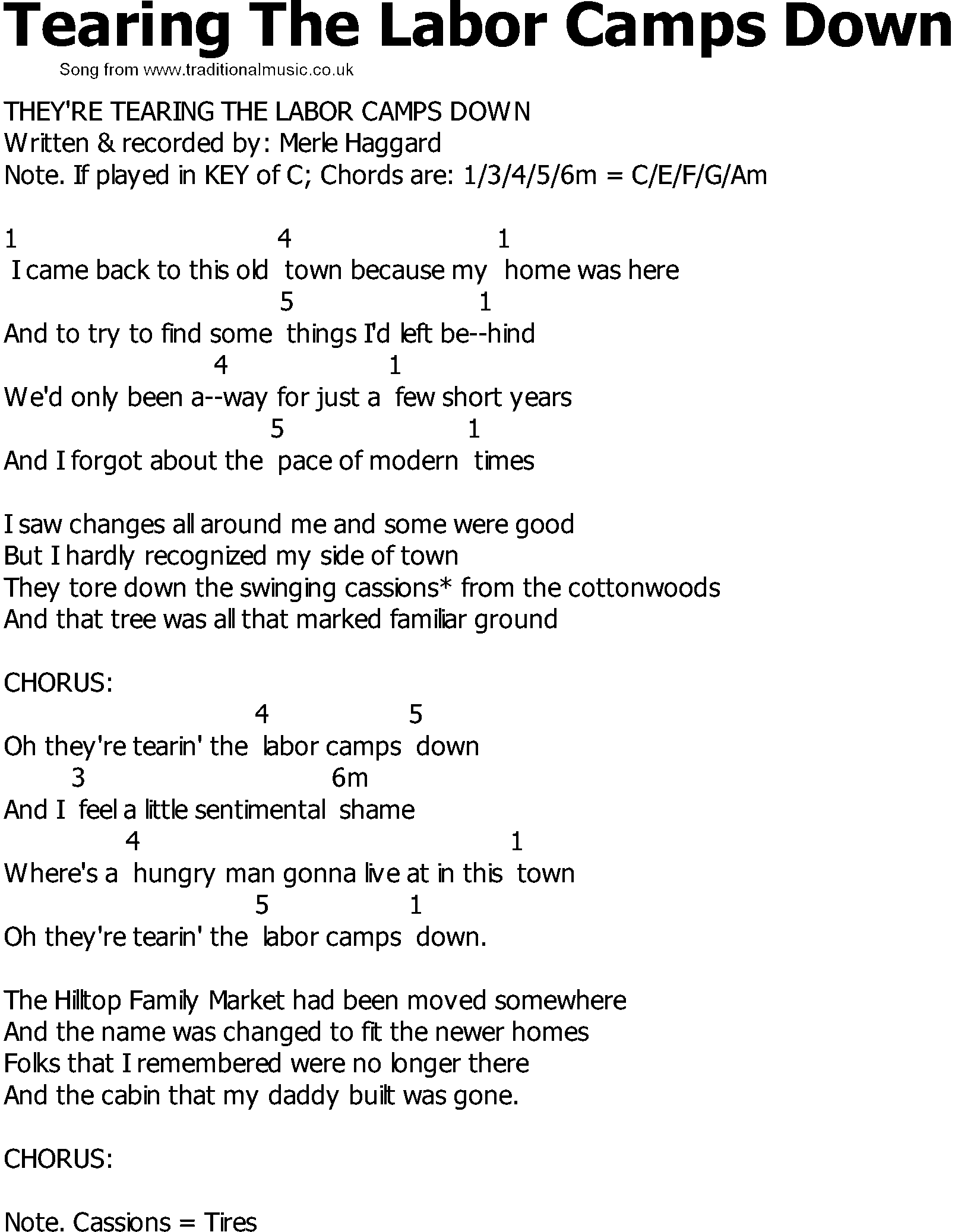 Old Country song lyrics with chords - Tearing The Labor Camps Down