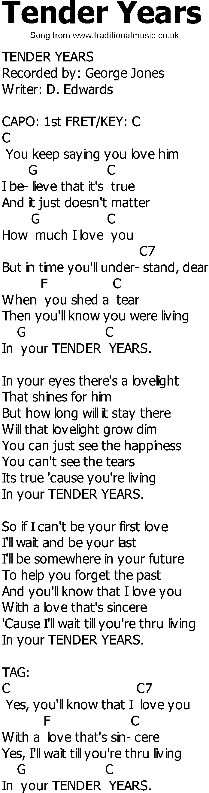Old Country song lyrics with chords - Tender Years