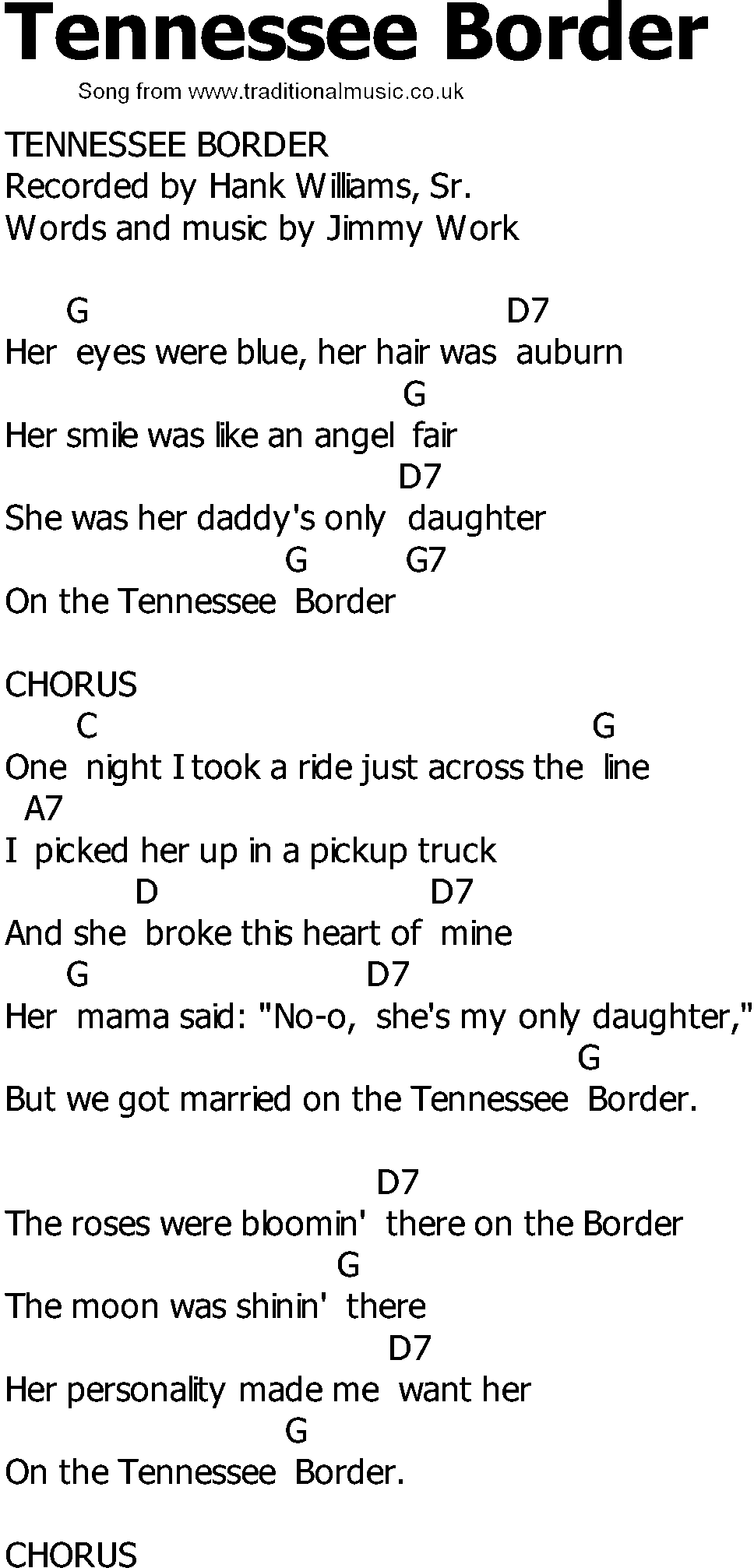 Old Country song lyrics with chords - Tennessee Border