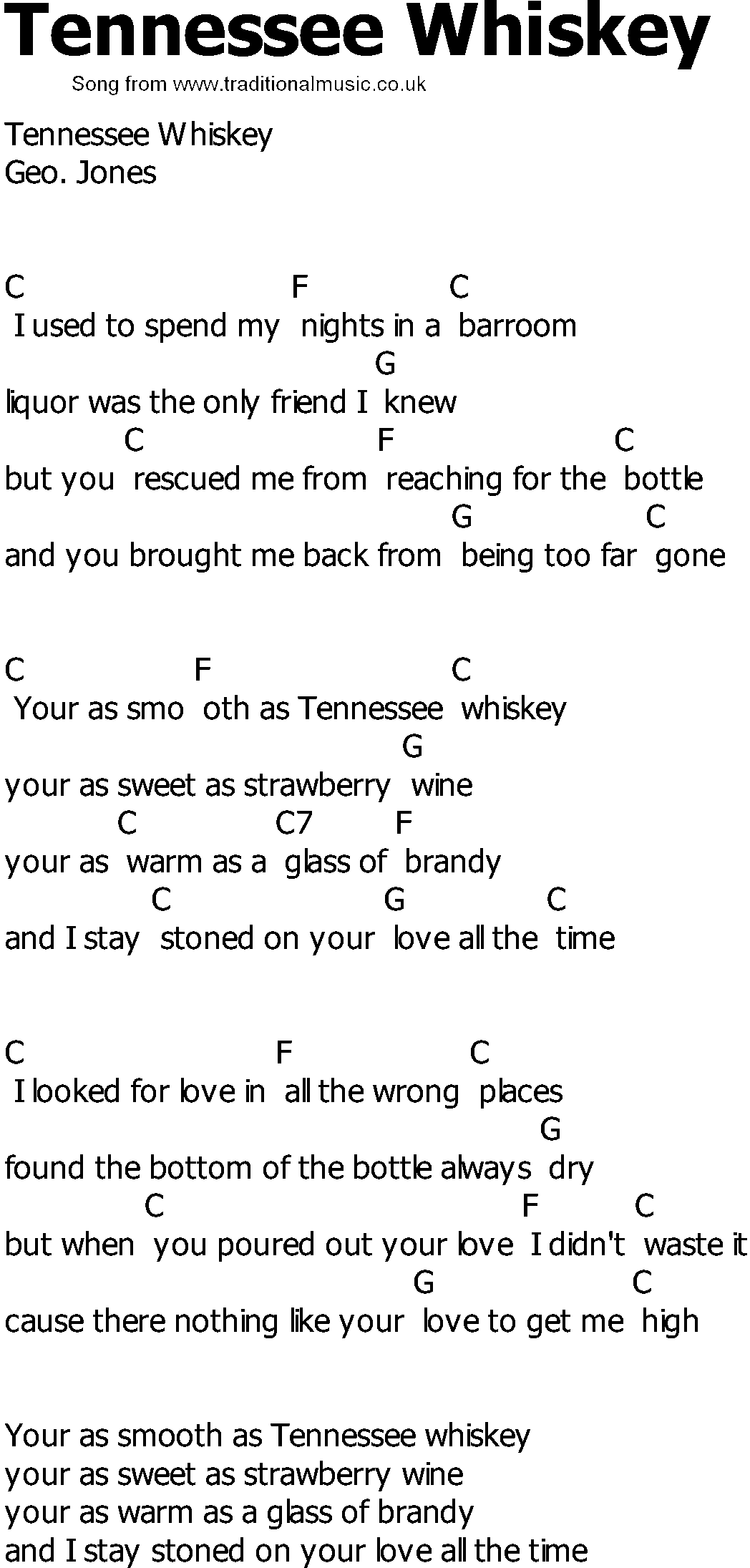 Old Country song lyrics with chords - Tennessee Whiskey