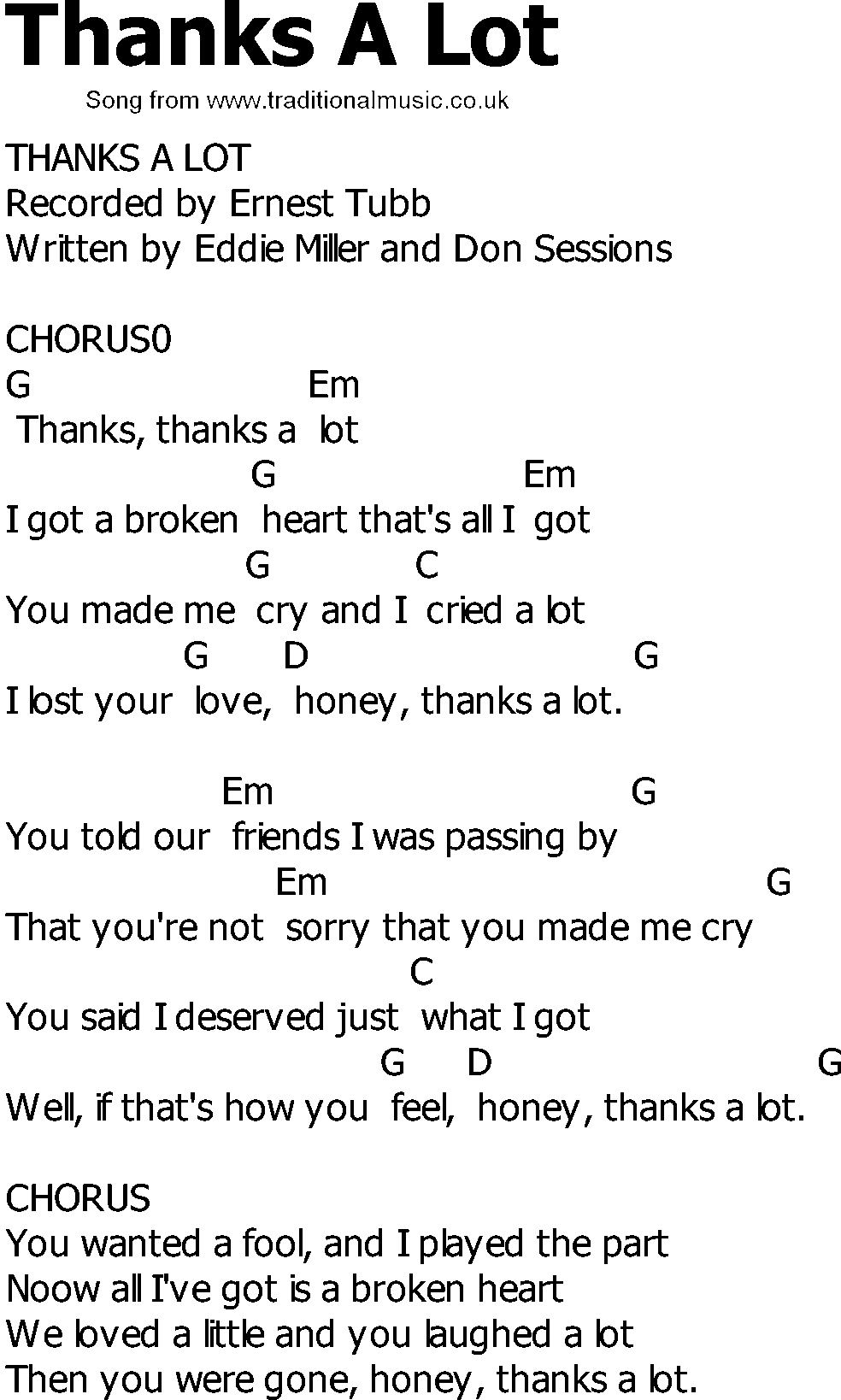 Old Country song lyrics with chords - Thanks A Lot