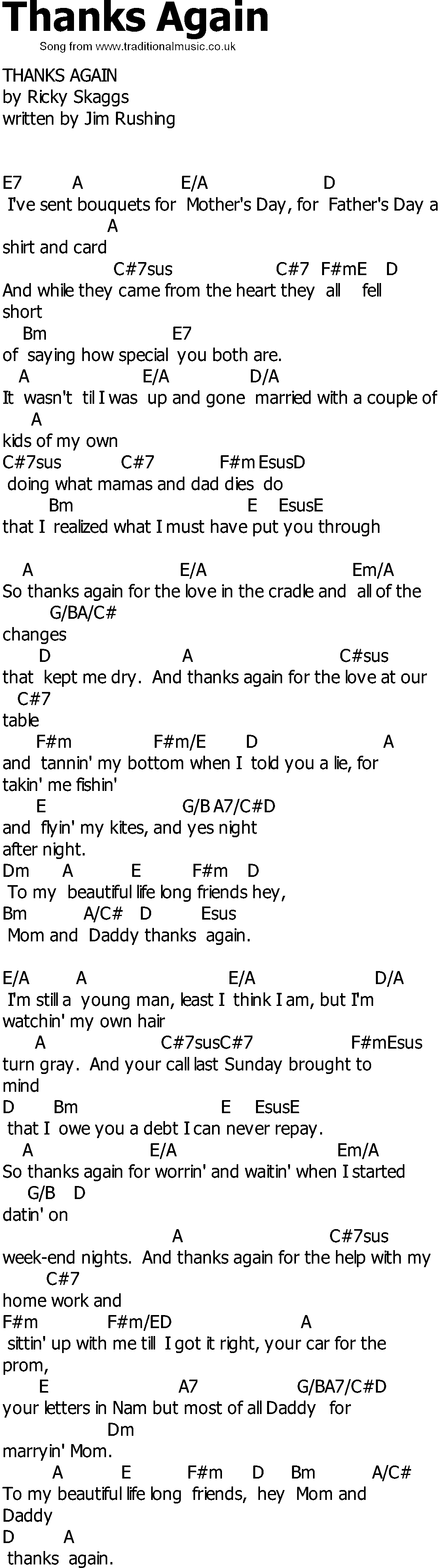 Old Country song lyrics with chords - Thanks Again