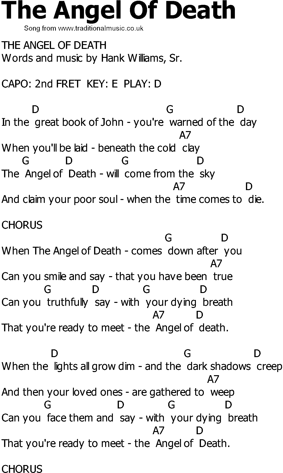 Old Country song lyrics with chords - The Angel Of Death