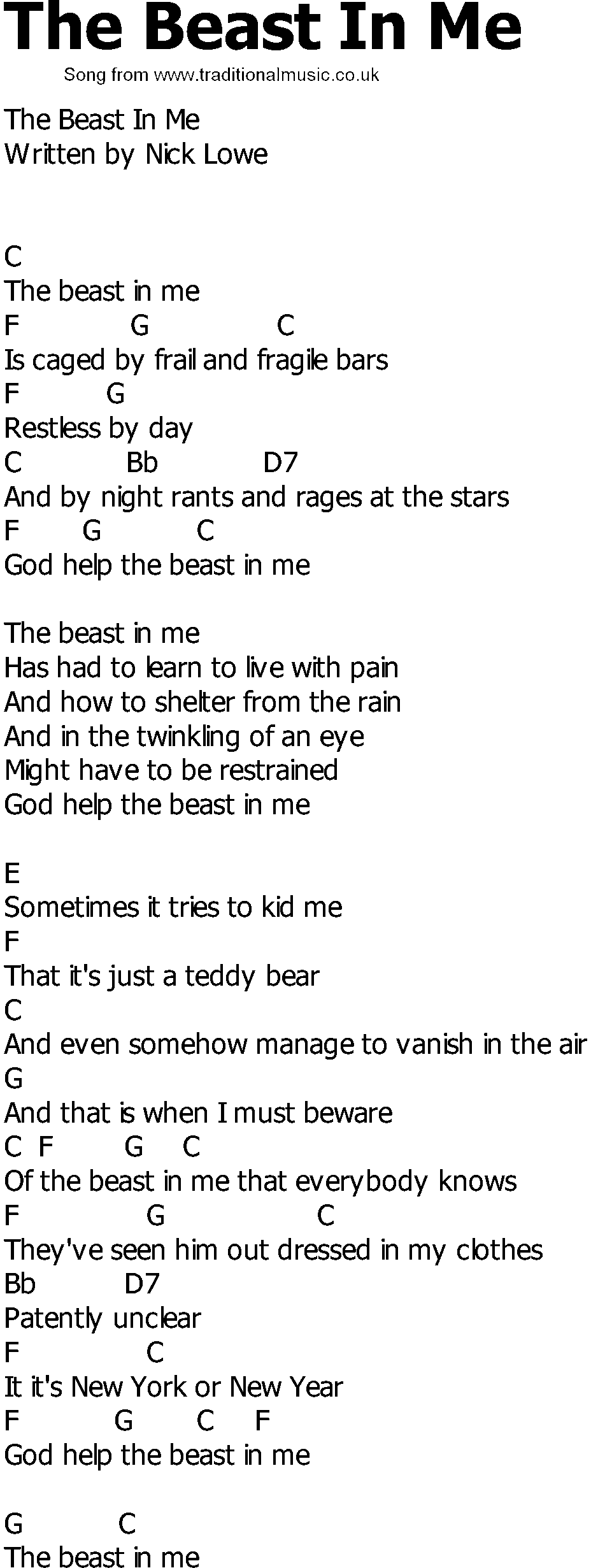 Old Country song lyrics with chords - The Beast In Me