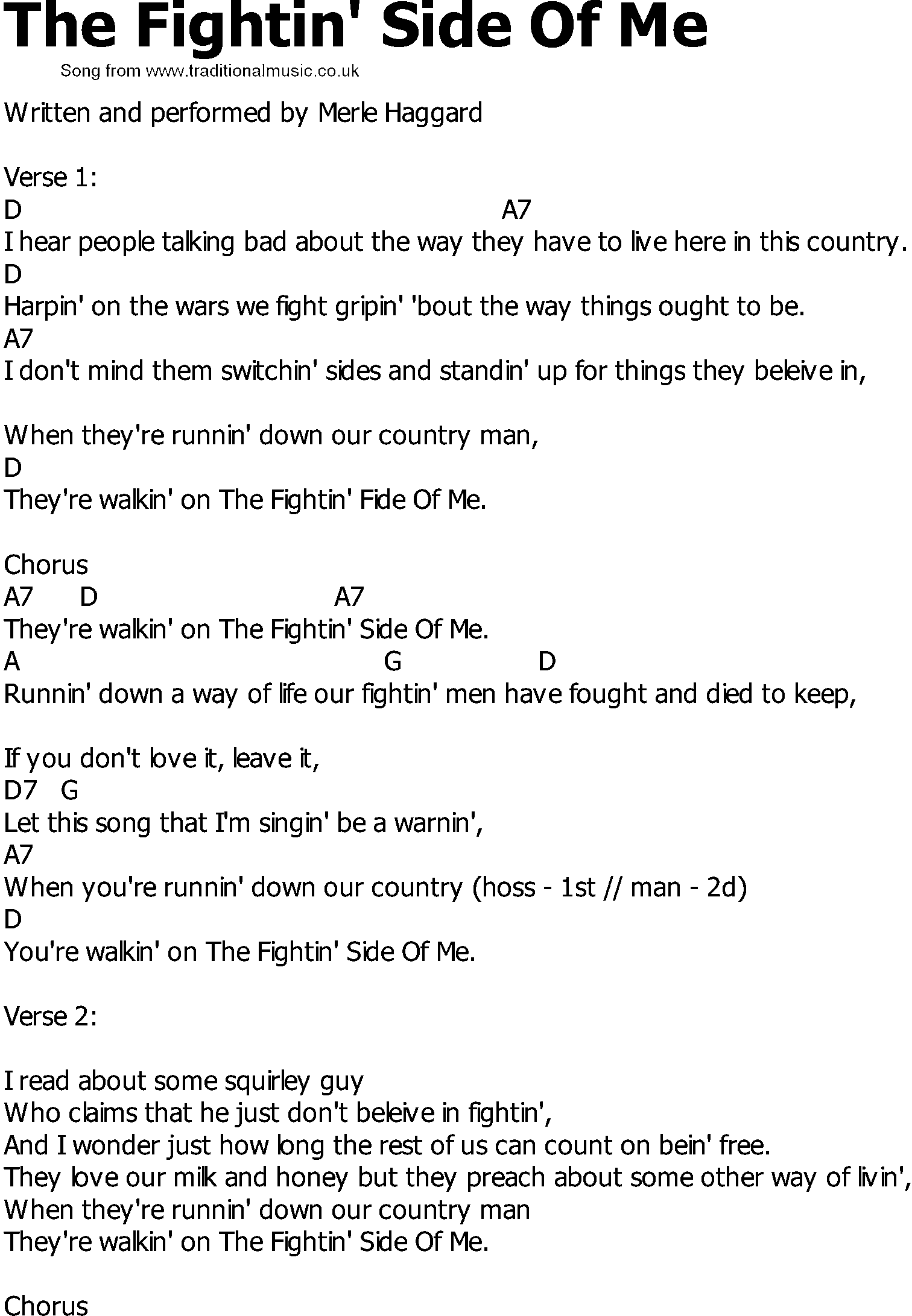 Old Country song lyrics with chords - The Fightin Side Of Me