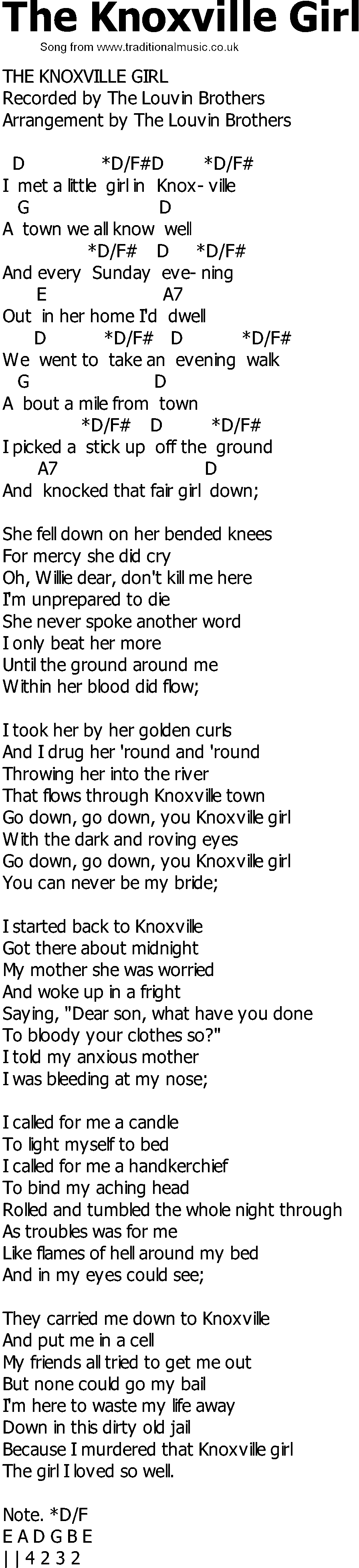 Old Country song lyrics with chords - The Knoxville Girl