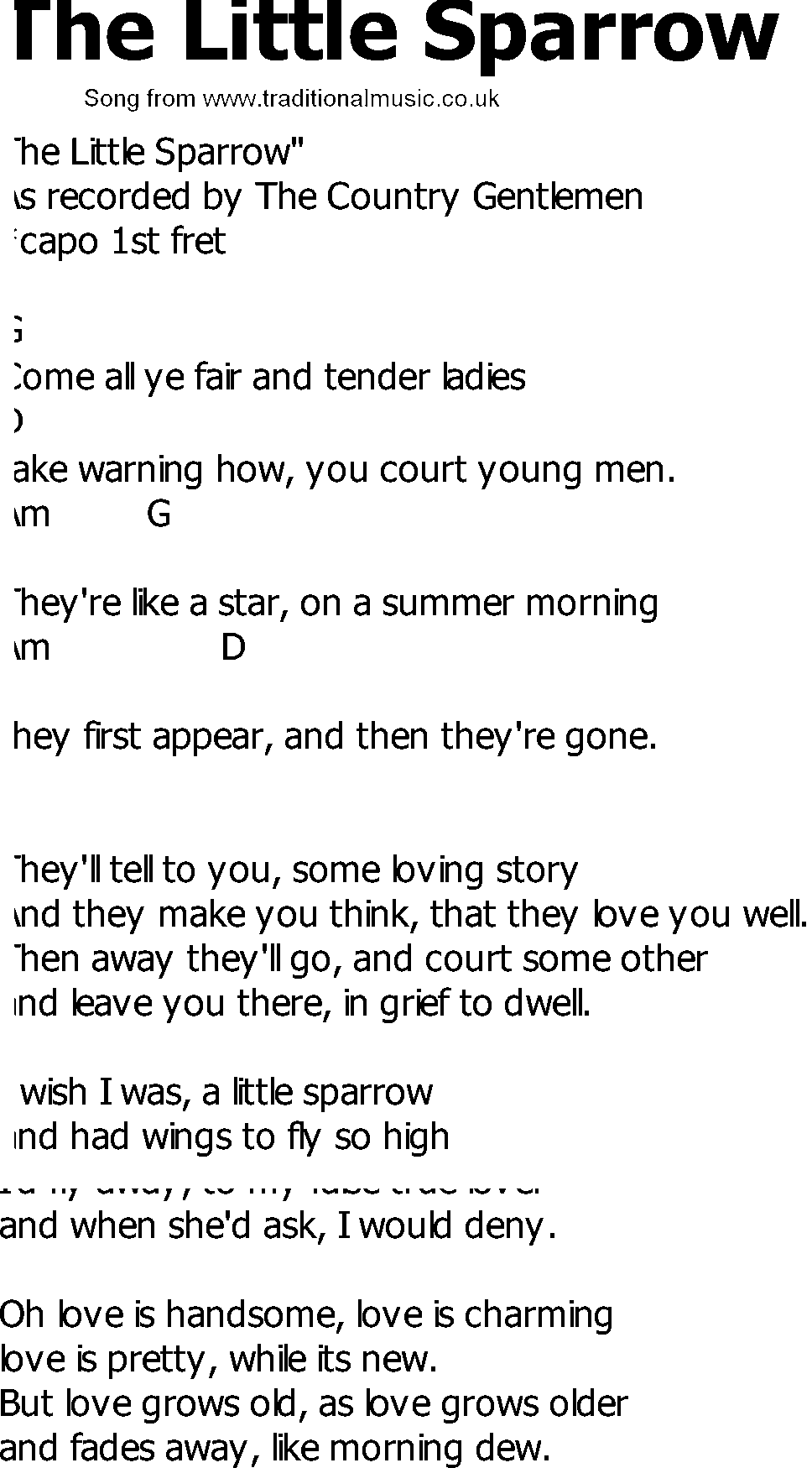 Old Country song lyrics with chords - The Little Sparrow