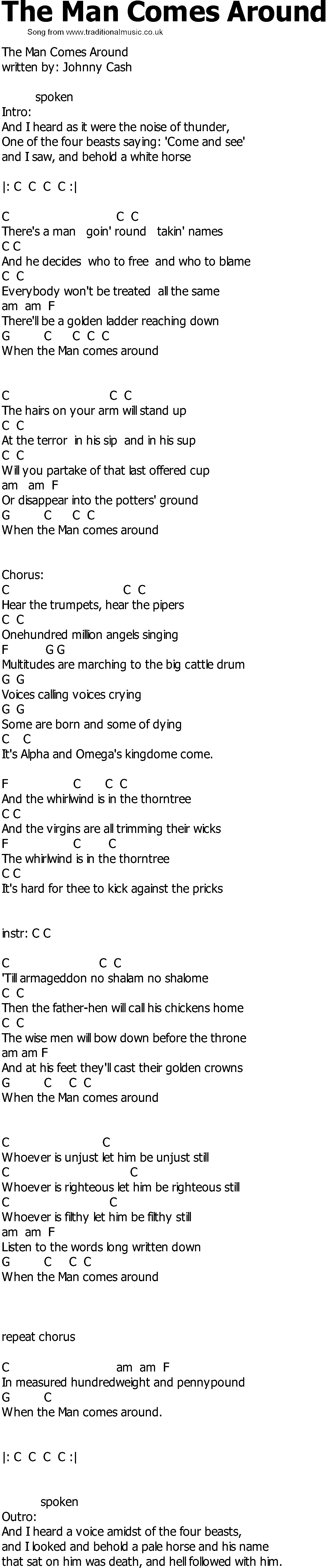 Old Country song lyrics with chords - The Man Comes Around