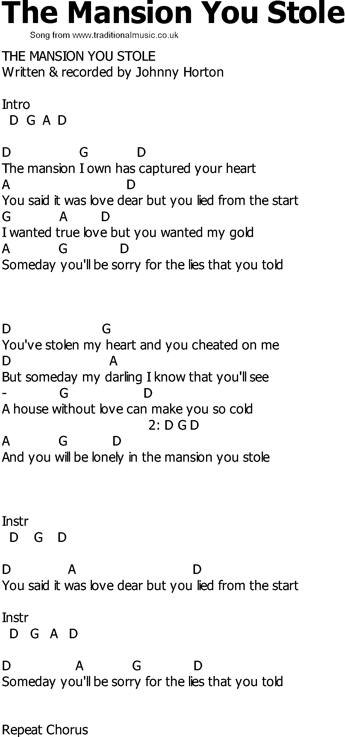Old Country song lyrics with chords - The Mansion You Stole