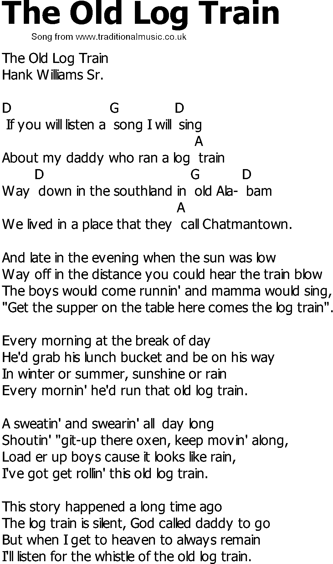 Old Country song lyrics with chords - The Old Log Train