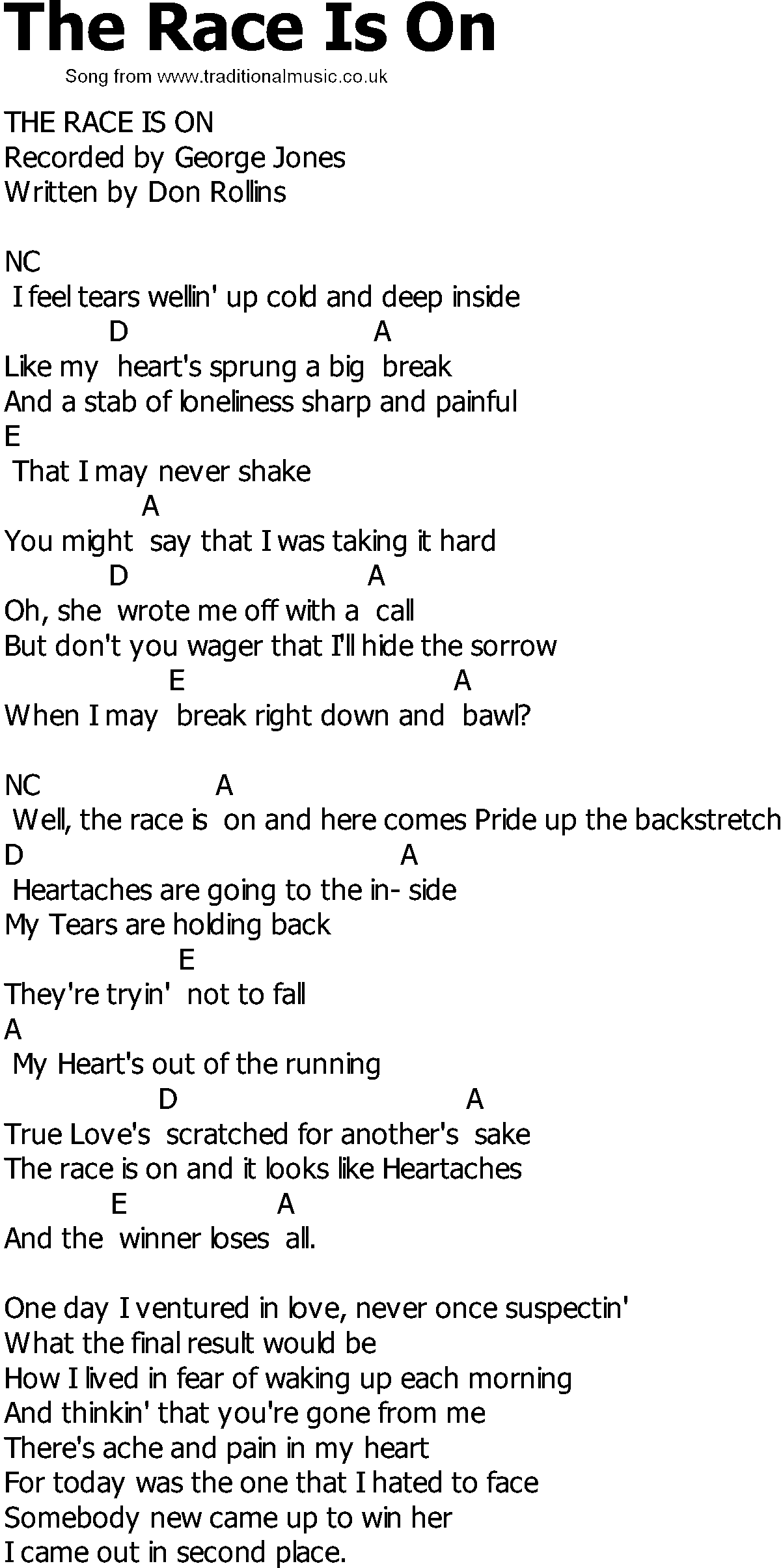 Old Country song lyrics with chords - The Race Is On