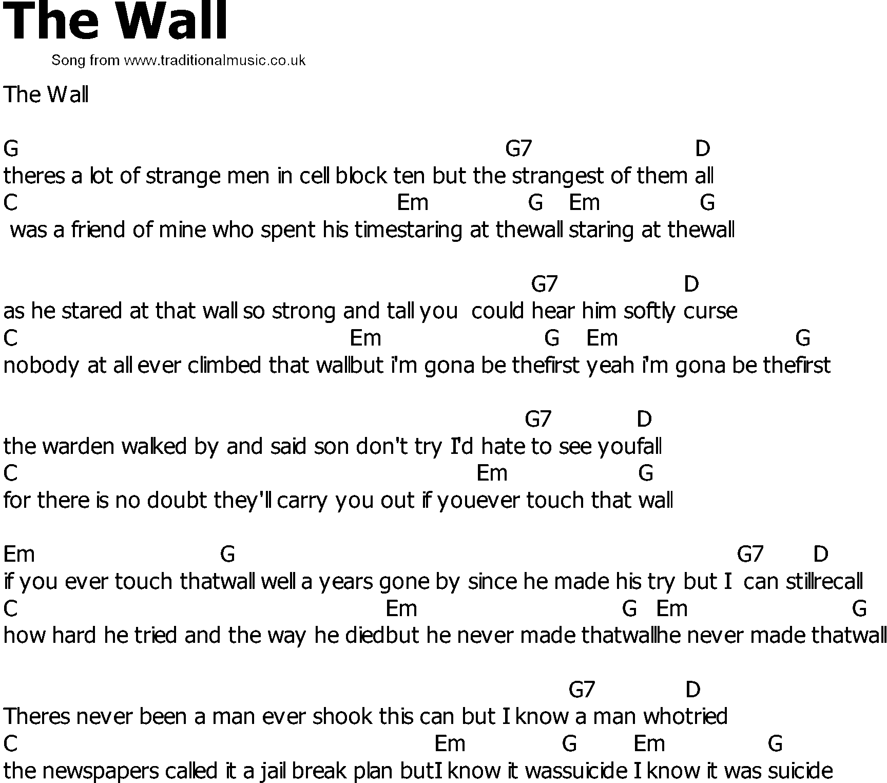 Old Country song lyrics with chords - The Wall
