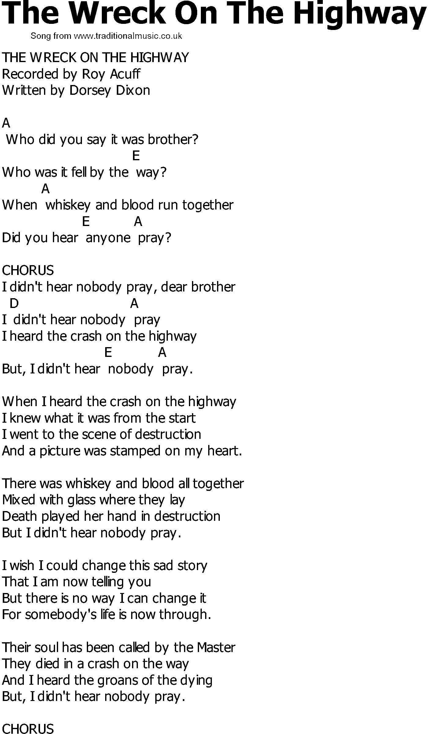 Old Country song lyrics with chords - The Wreck On The Highway