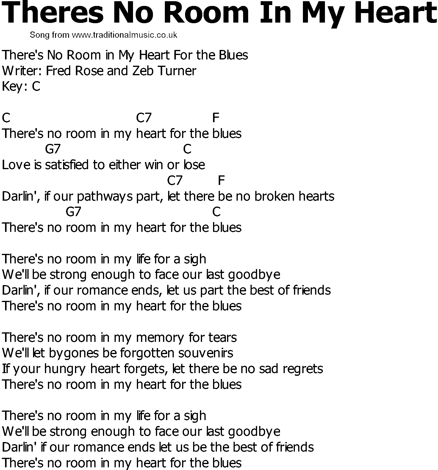 Old Country song lyrics with chords - Theres No Room In My Heart