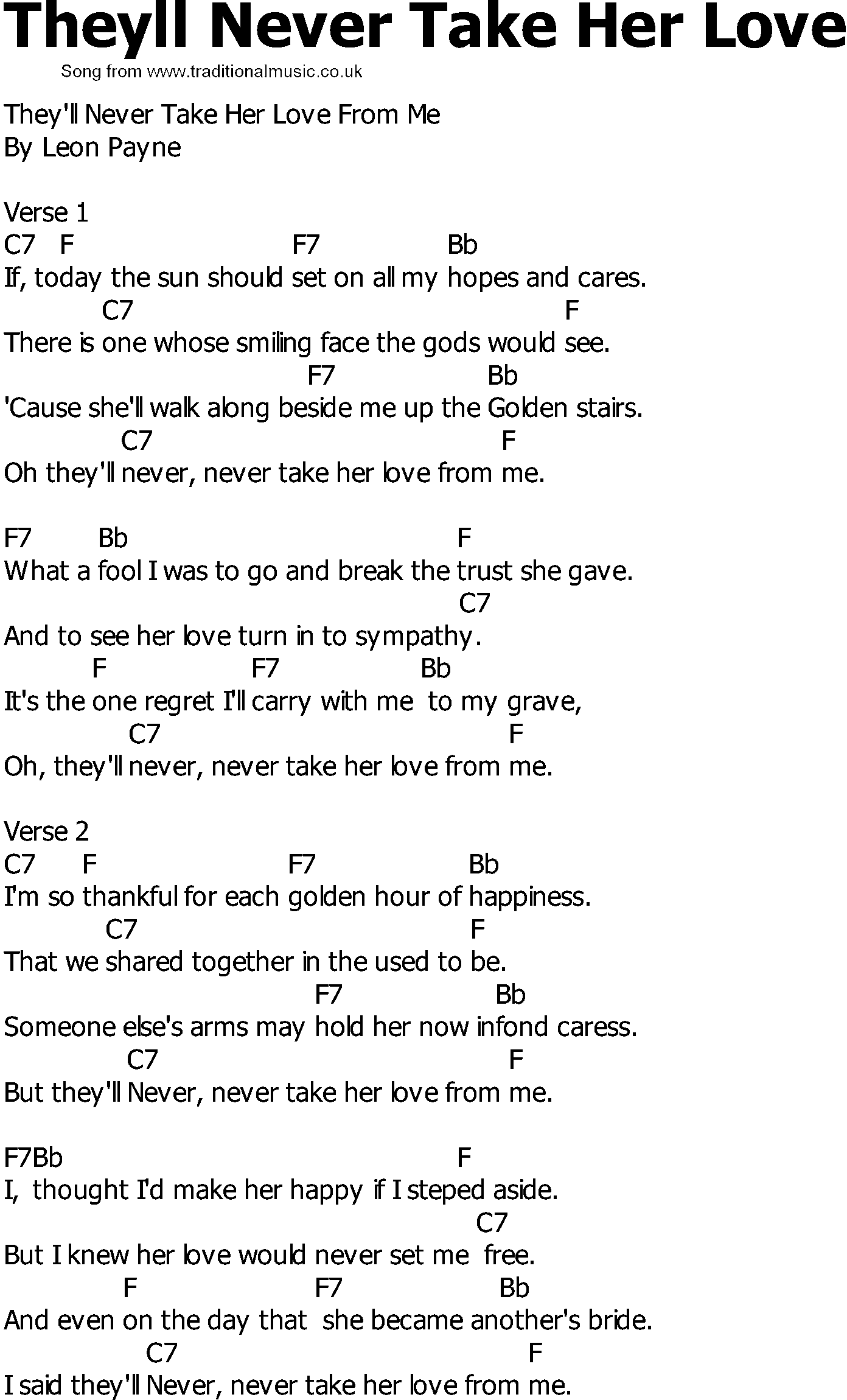 Old Country song lyrics with chords - Theyll Never Take Her Love
