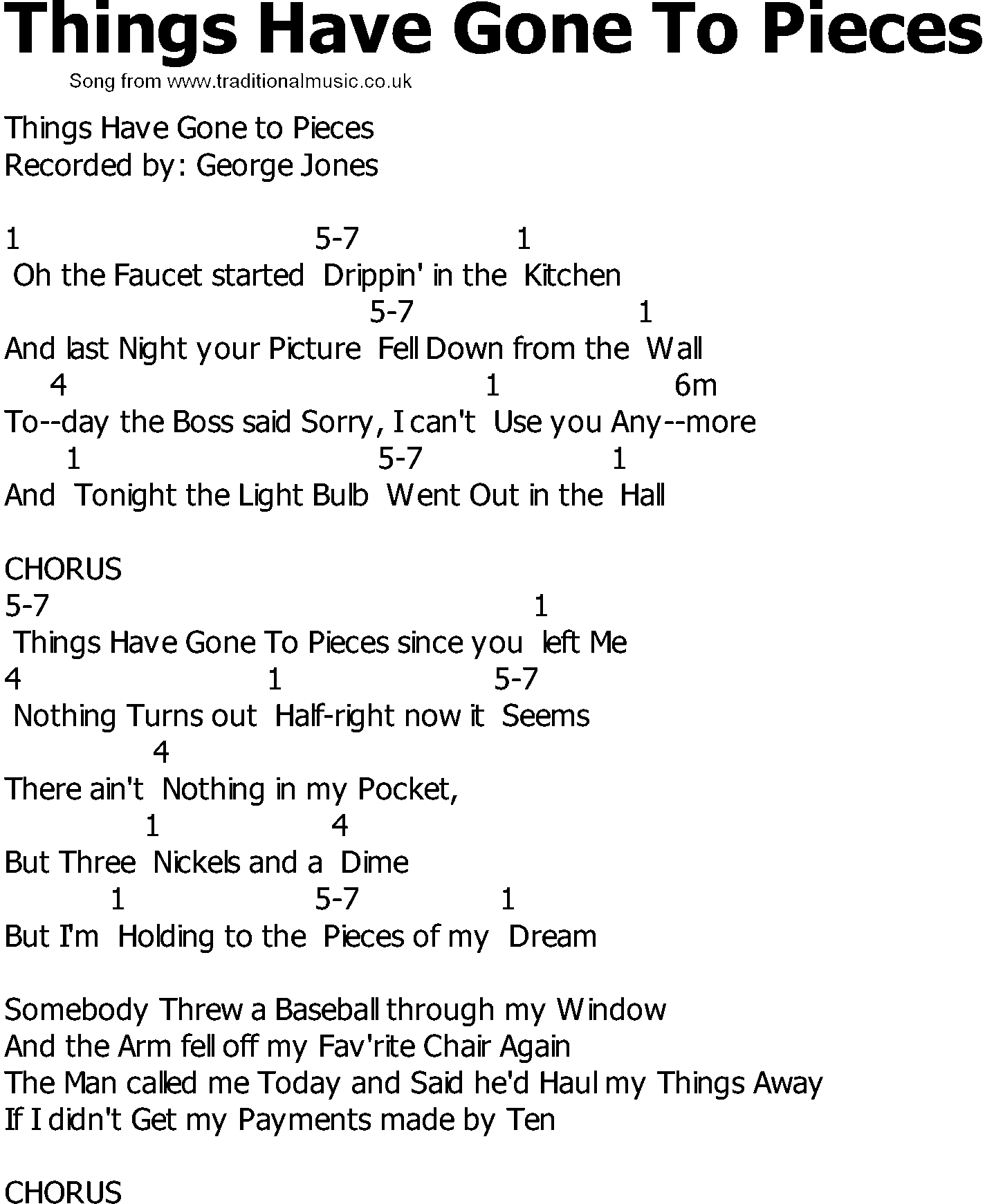 Old Country song lyrics with chords - Things Have Gone To Pieces