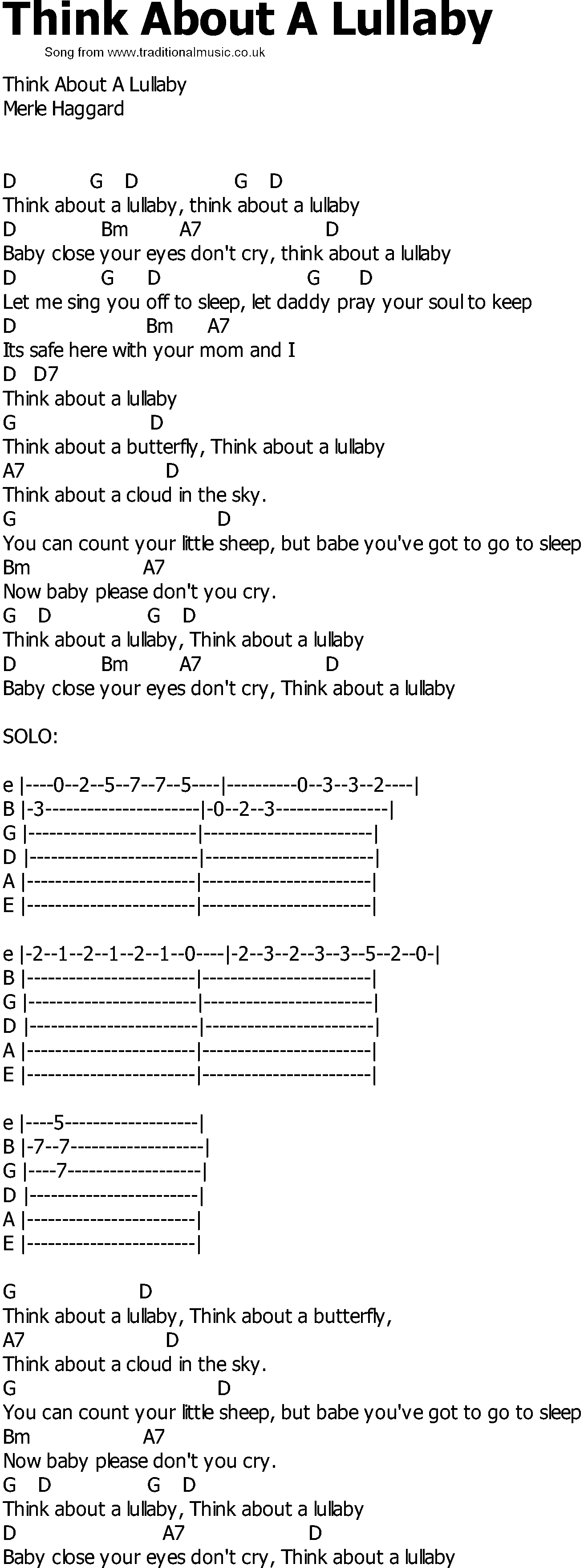 Old Country song lyrics with chords - Think About A Lullaby