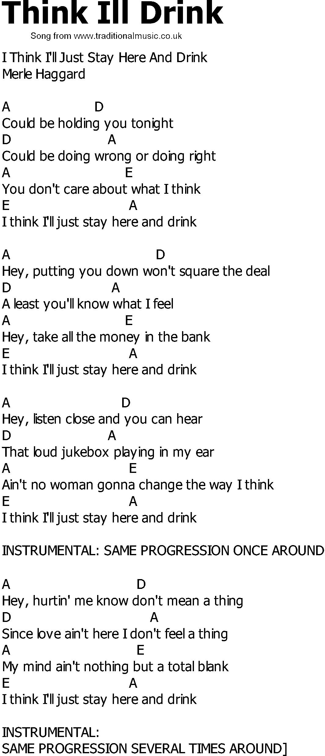 Old Country song lyrics with chords - Think Ill Drink