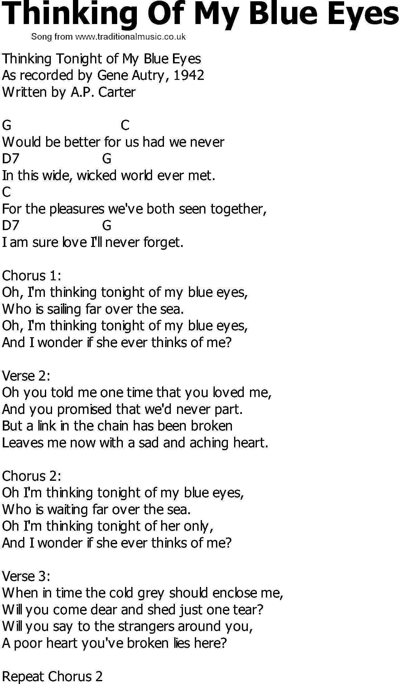Old Country song lyrics with chords - Thinking Of My Blue Eyes