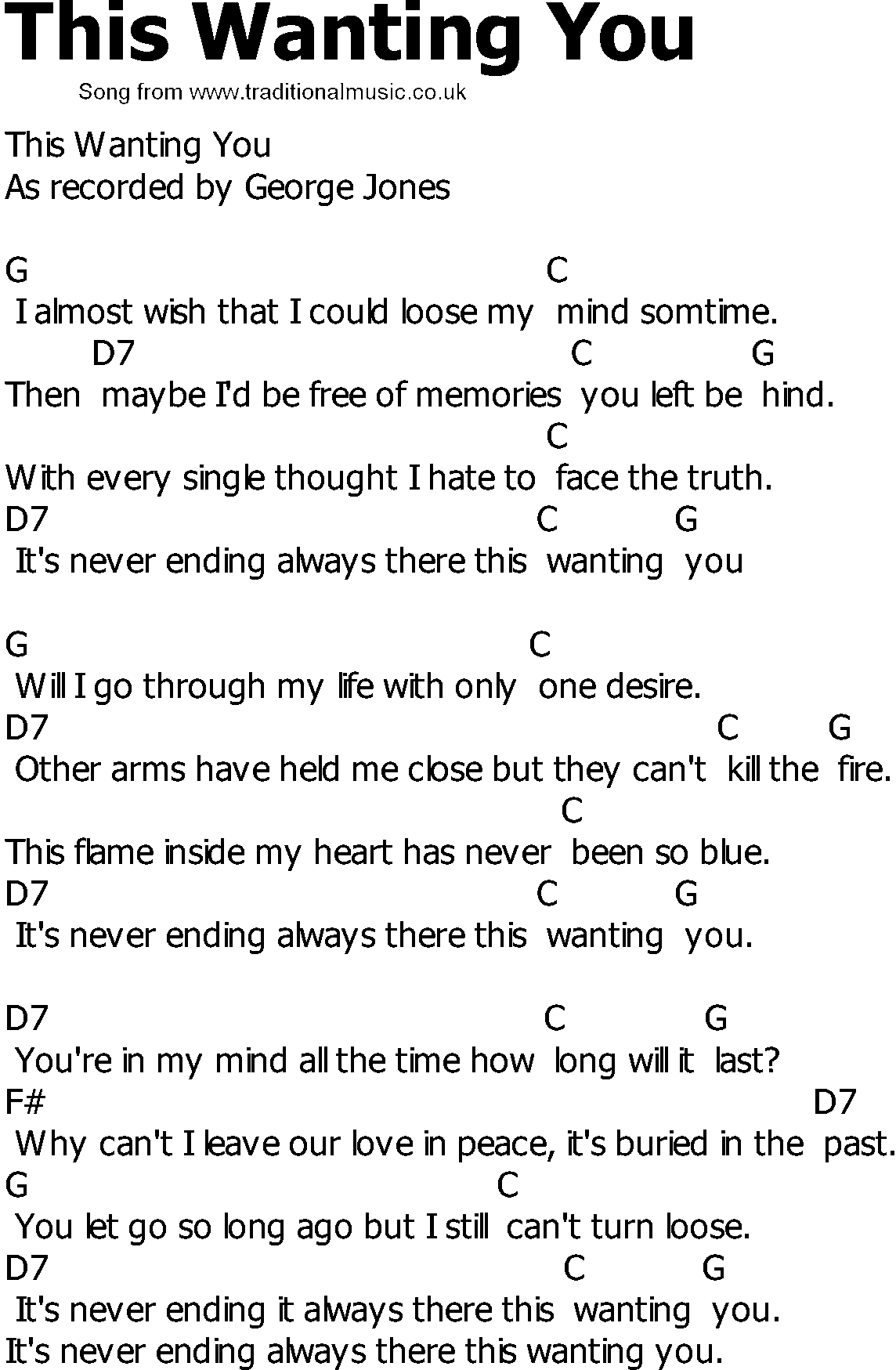 Old Country song lyrics with chords - This Wanting You
