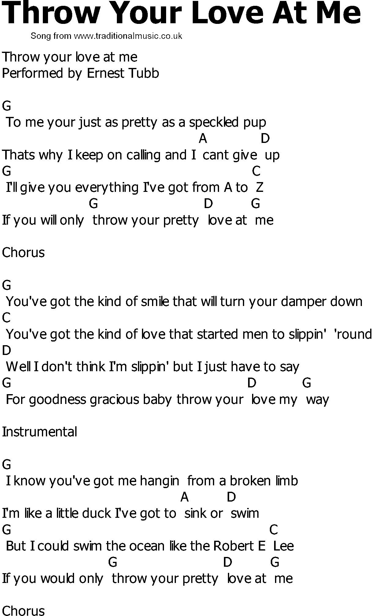 Old Country song lyrics with chords - Throw Your Love At Me