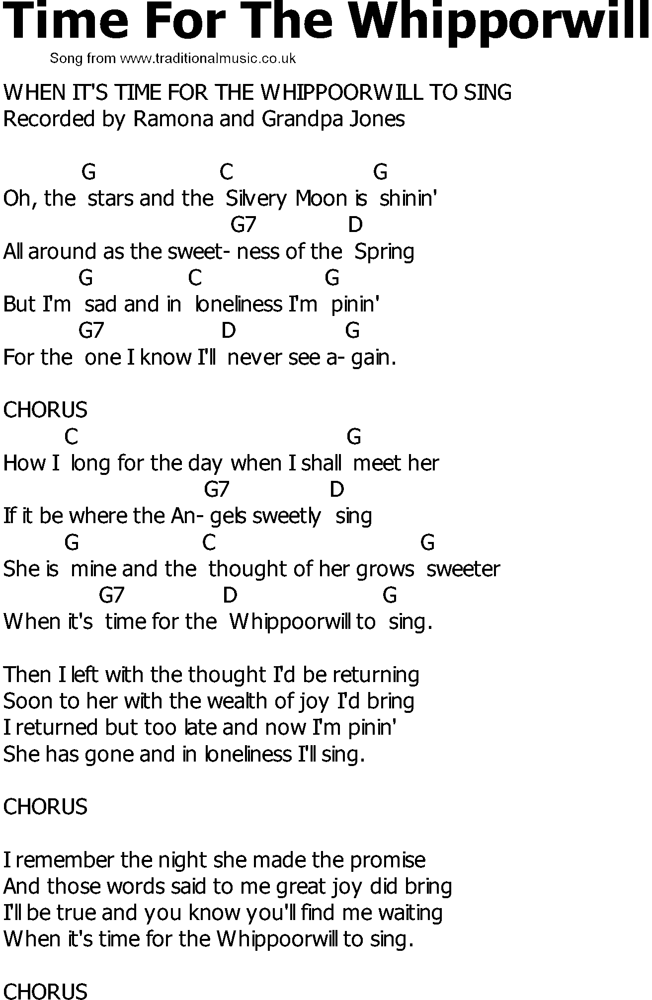 Old Country song lyrics with chords - Time For The Whipporwill