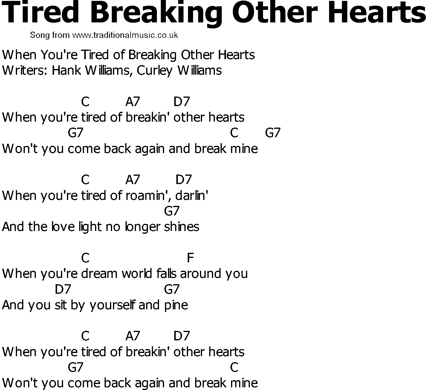 Old Country song lyrics with chords - Tired Breaking Other Hearts