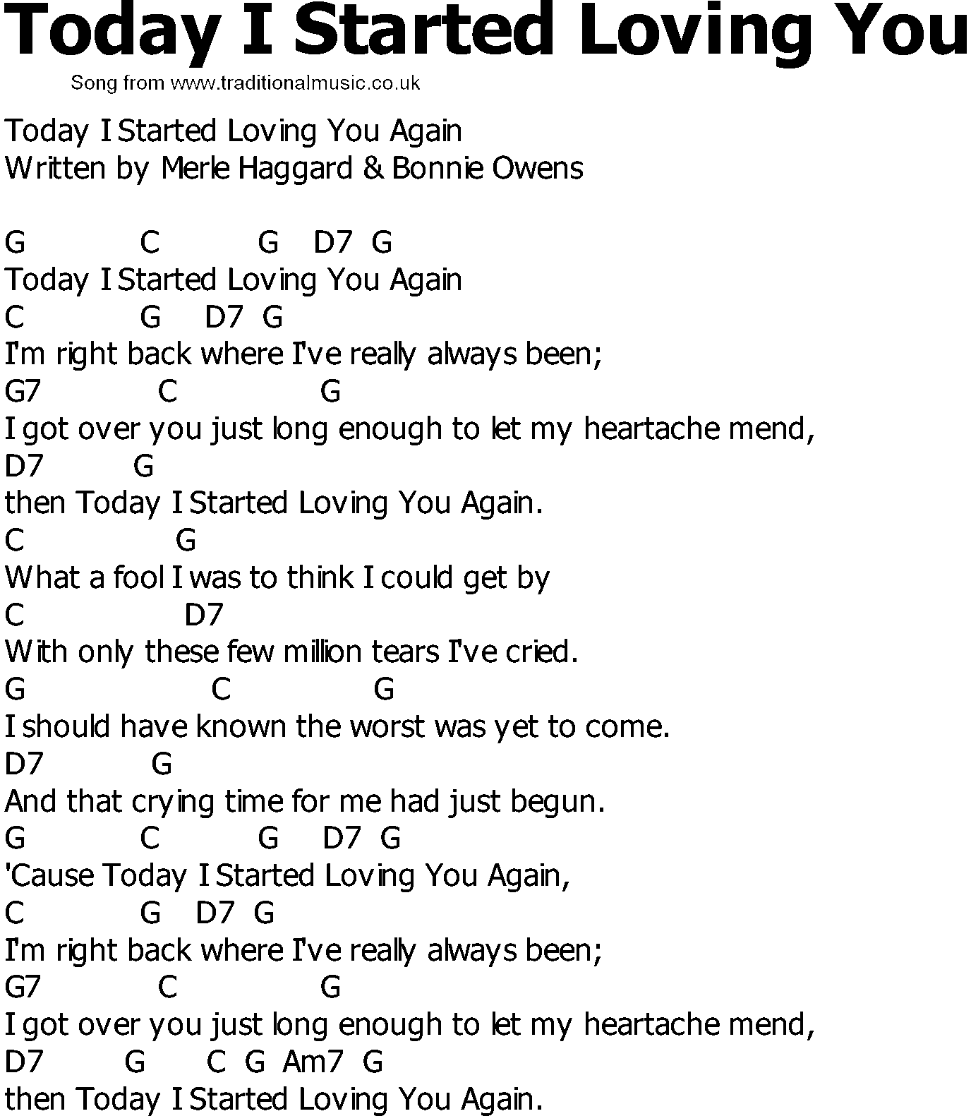 Old Country song lyrics with chords - Today I Started Loving You