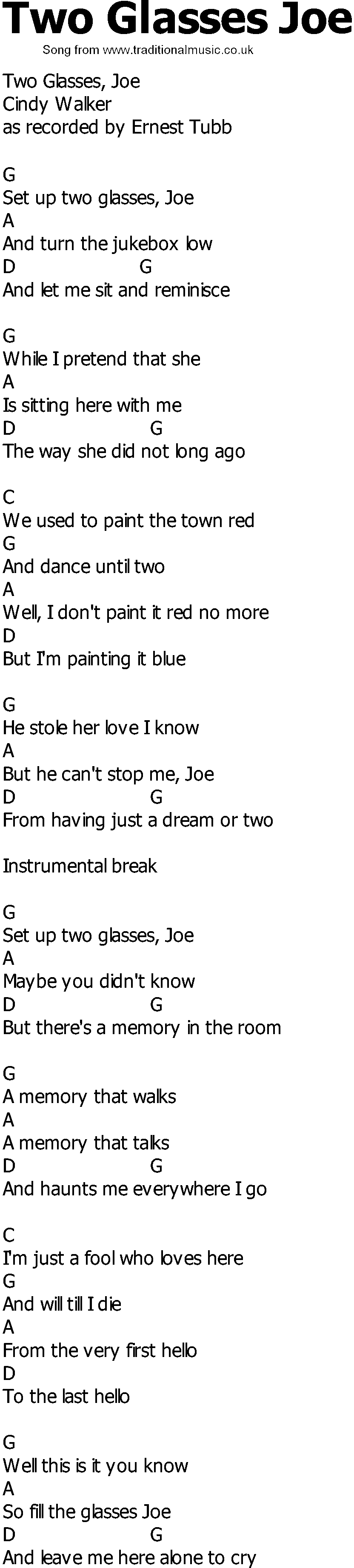 Old Country song lyrics with chords - Two Glasses Joe