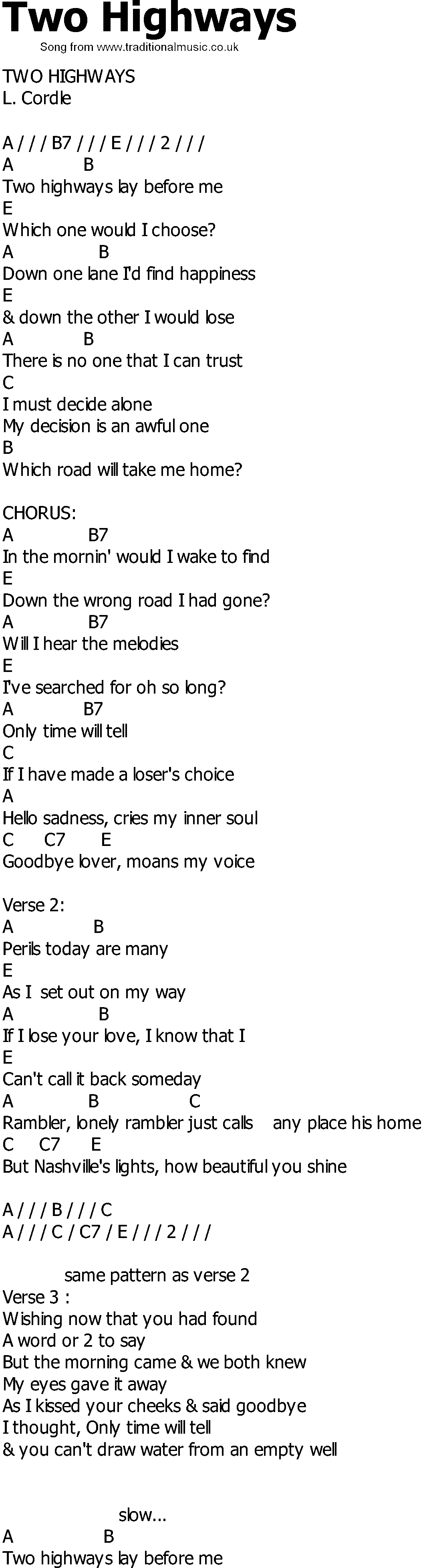 Old Country song lyrics with chords - Two Highways