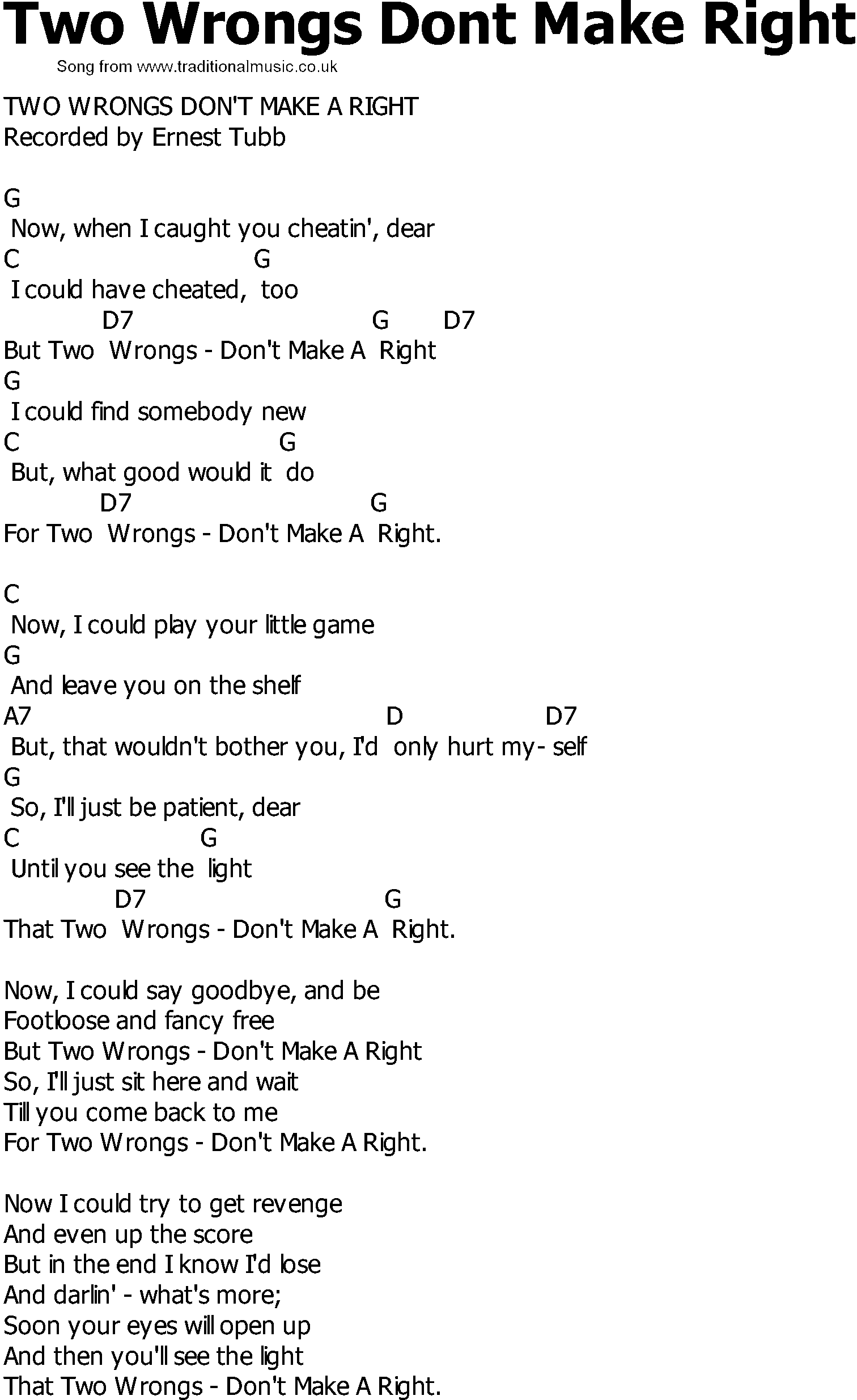 Old Country song lyrics with chords - Two Wrongs Dont Make Right