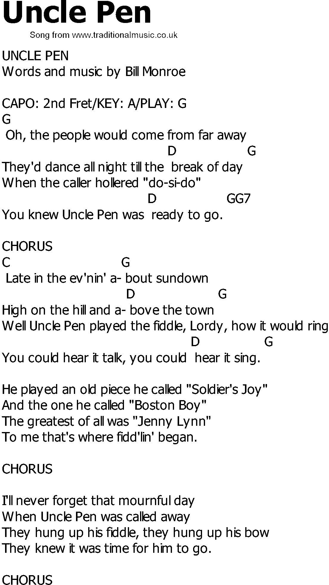 Old Country song lyrics with chords - Uncle Pen