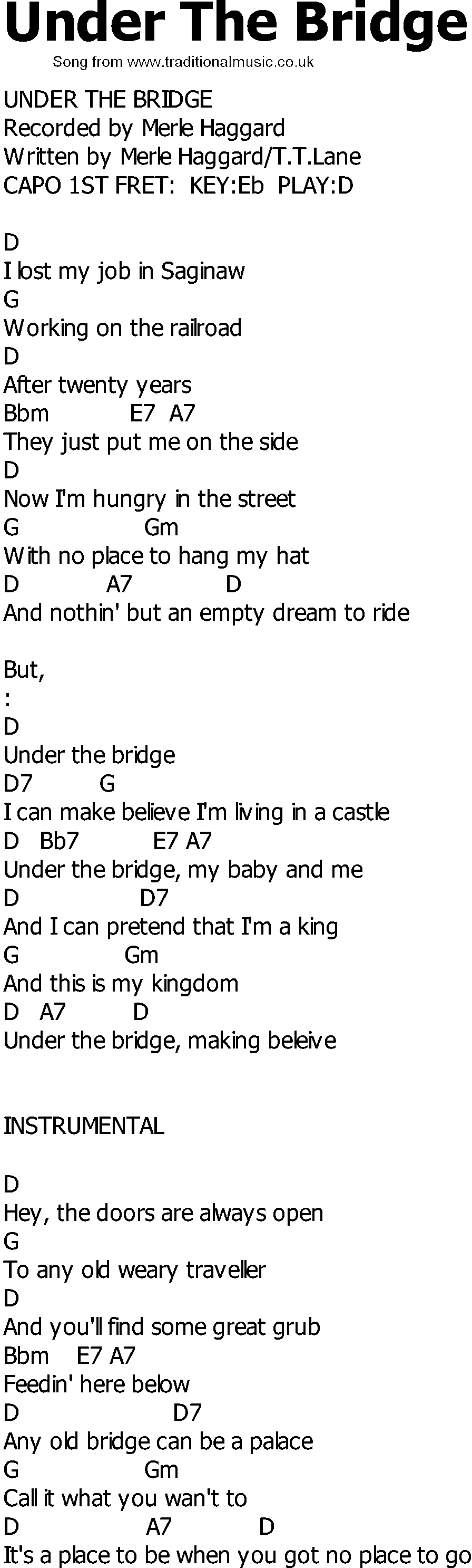 Old Country song lyrics with chords - Under The Bridge