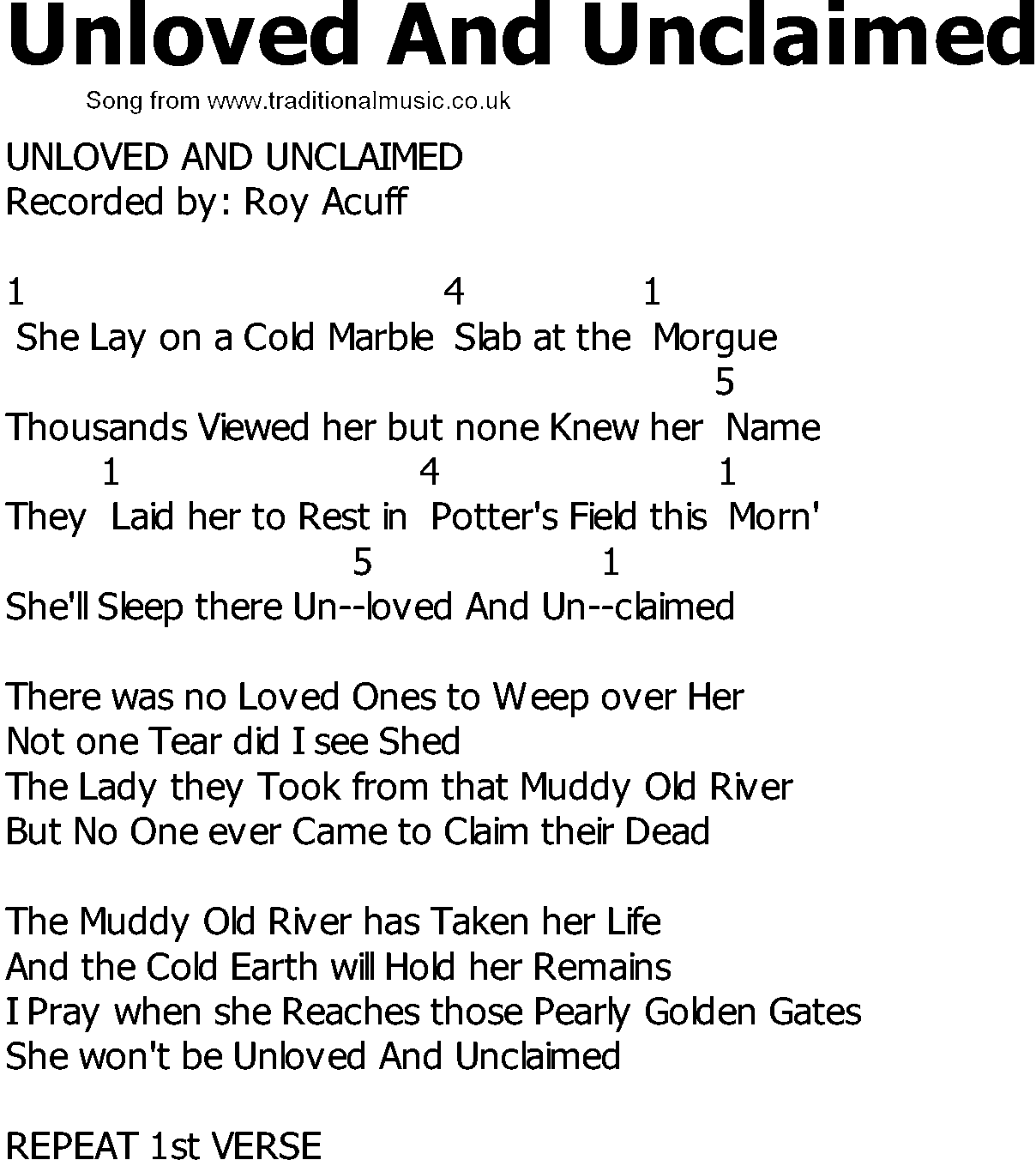 Old Country song lyrics with chords - Unloved And Unclaimed
