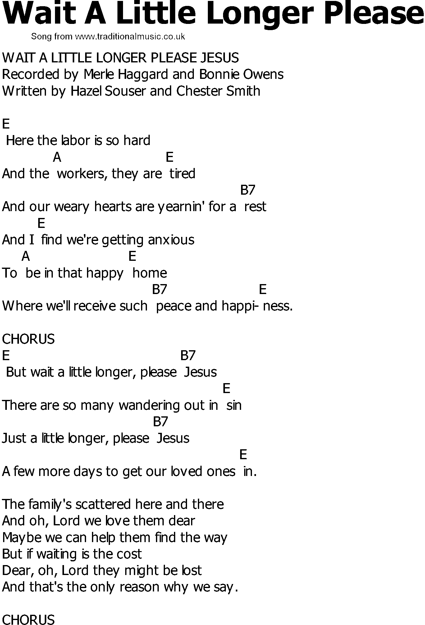 Old Country song lyrics with chords - Wait A Little Longer Please