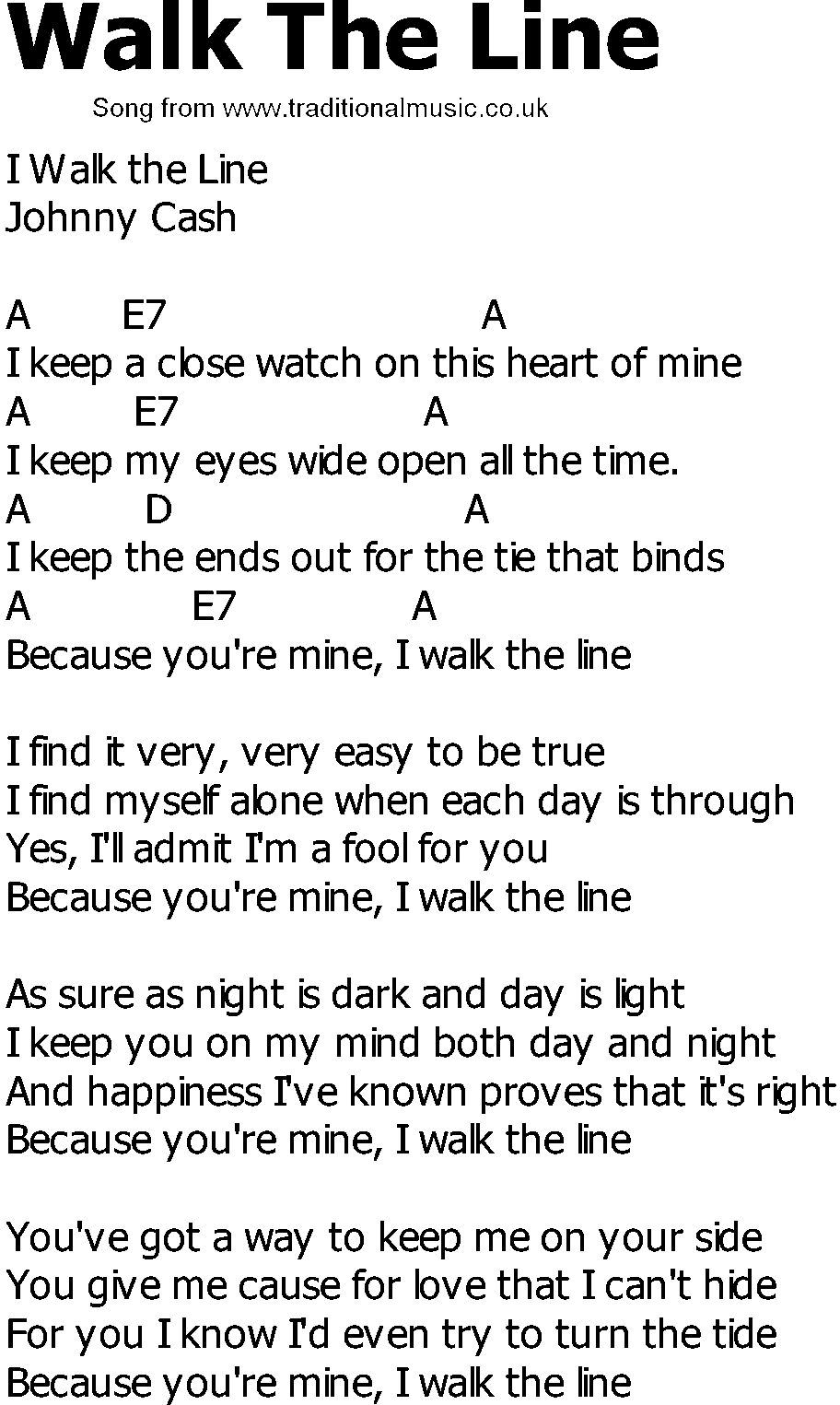 Old Country song lyrics with chords - Walk The Line