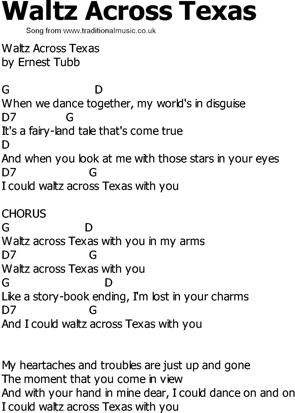 Old Country song lyrics with chords - Waltz Across Texas