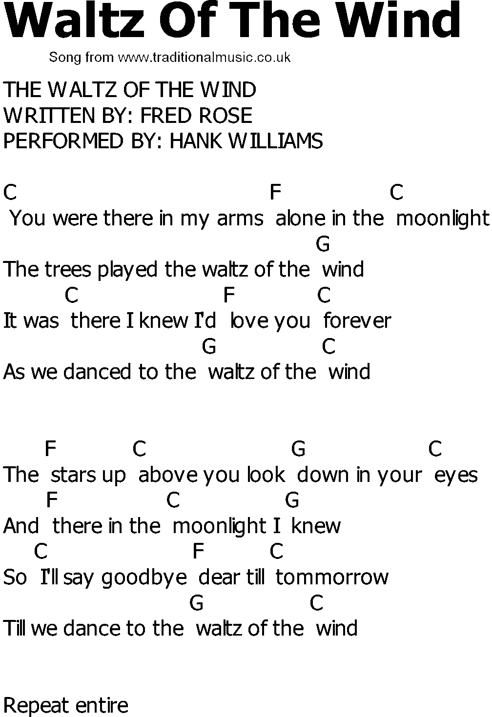 Old Country song lyrics with chords - Waltz Of The Wind