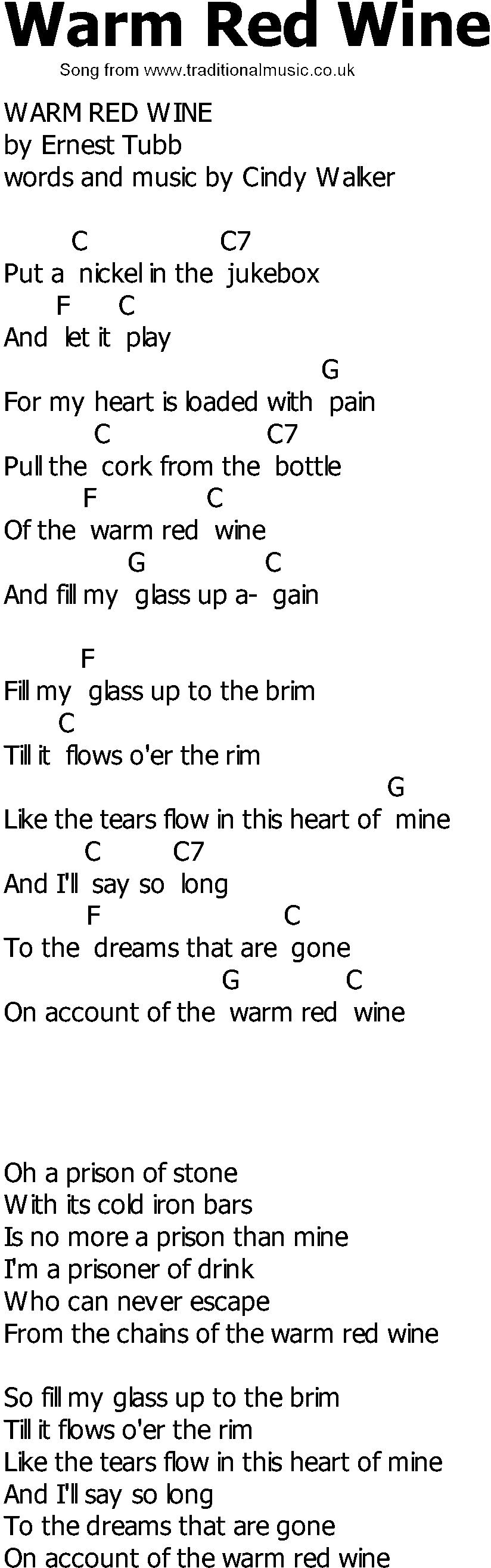 Old Country song lyrics with chords - Warm Red Wine