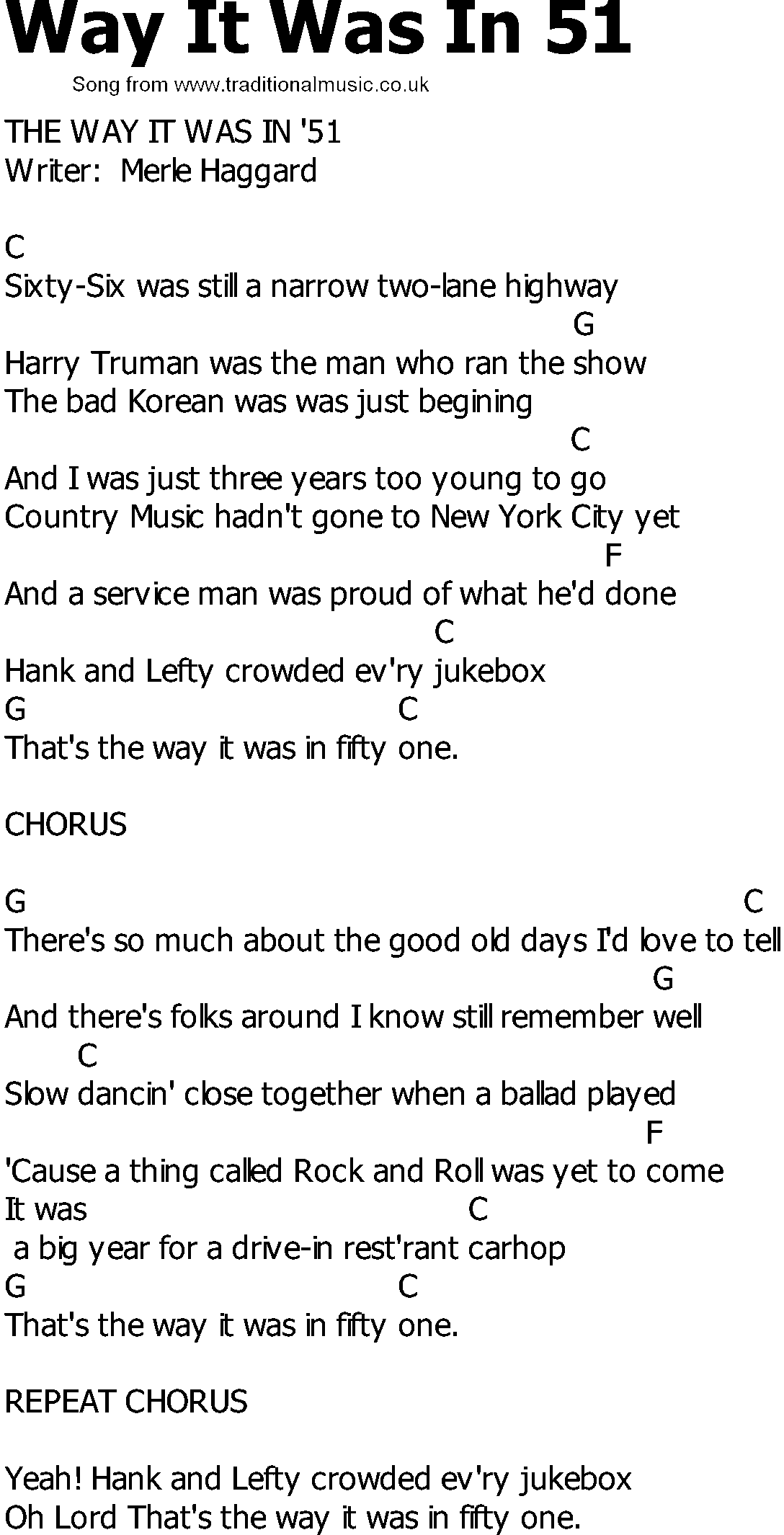 Old Country song lyrics with chords - Way It Was In 51