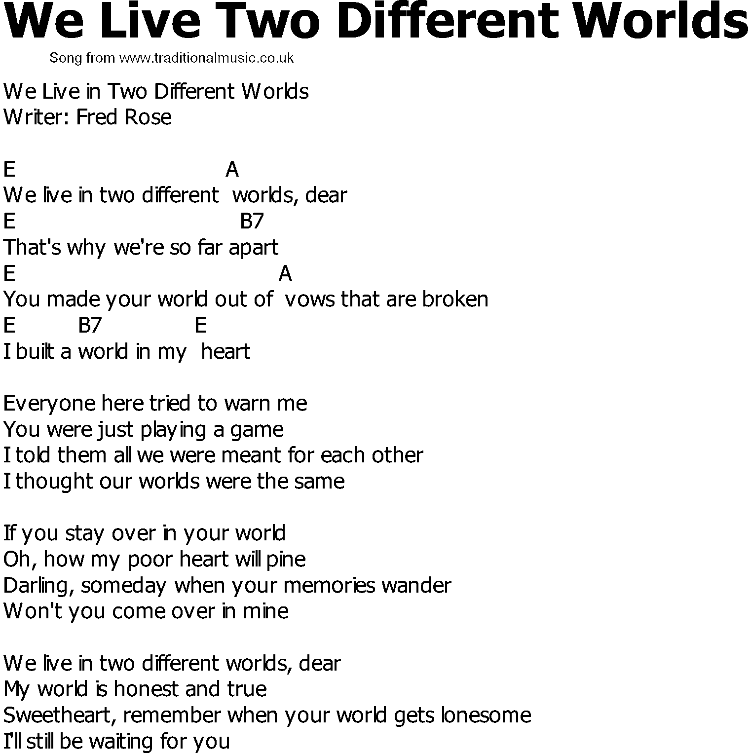 Old Country song lyrics with chords - We Live Two Different Worlds