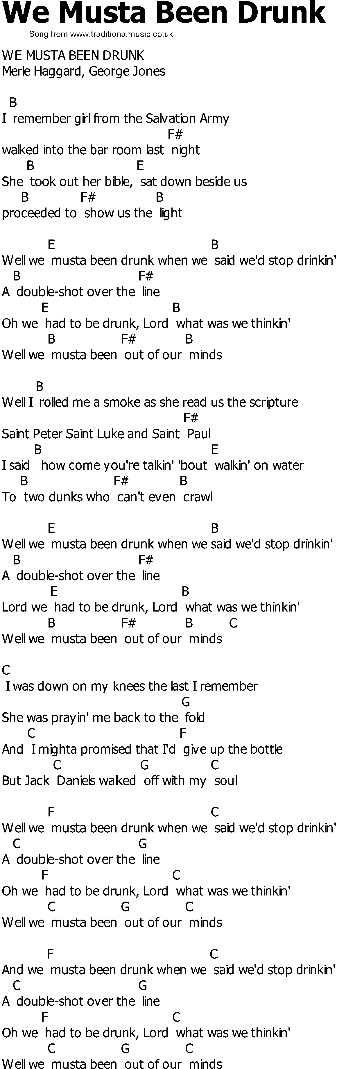 Old Country song lyrics with chords - We Musta Been Drunk