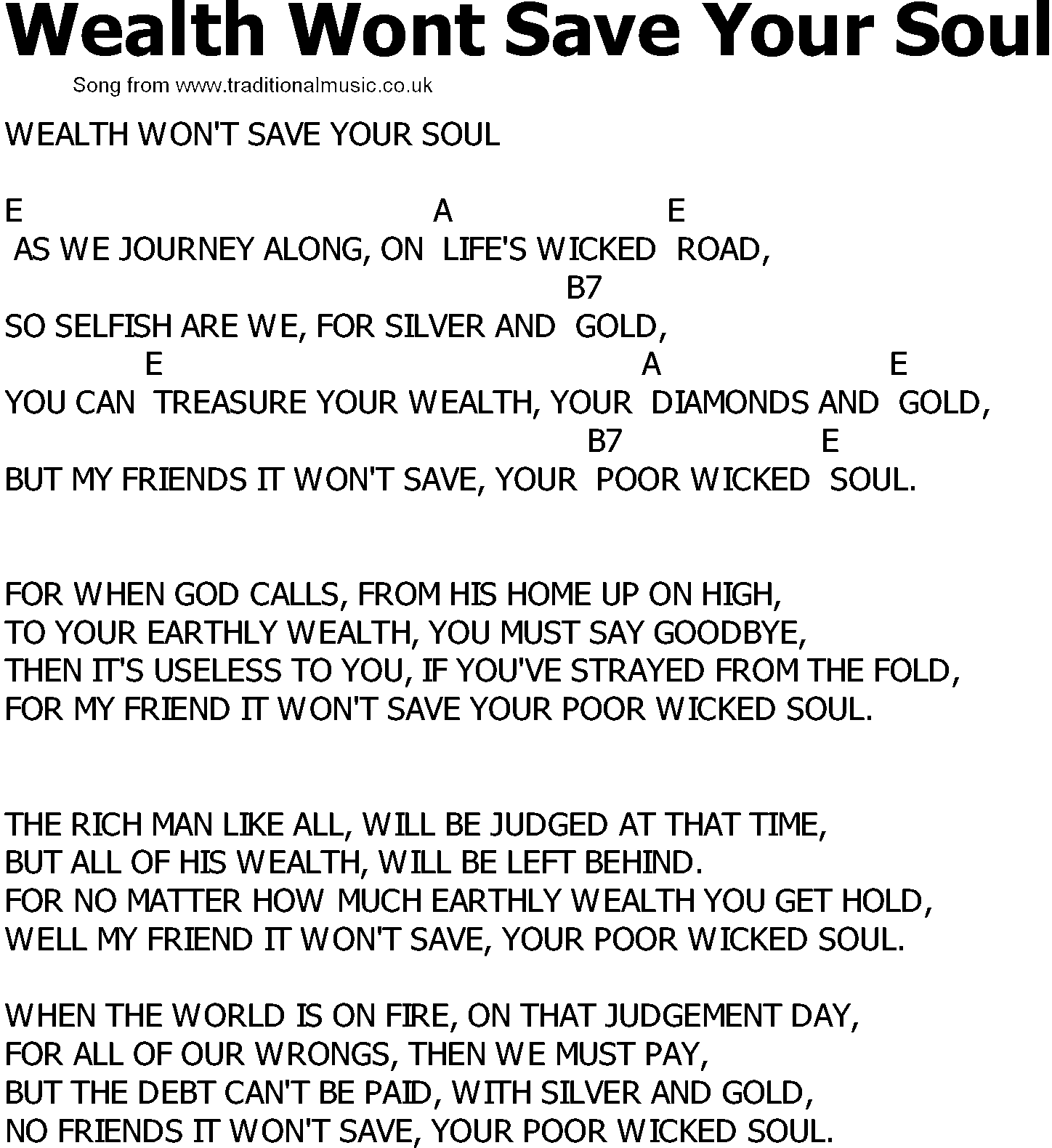 Old Country song lyrics with chords - Wealth Wont Save Your Soul