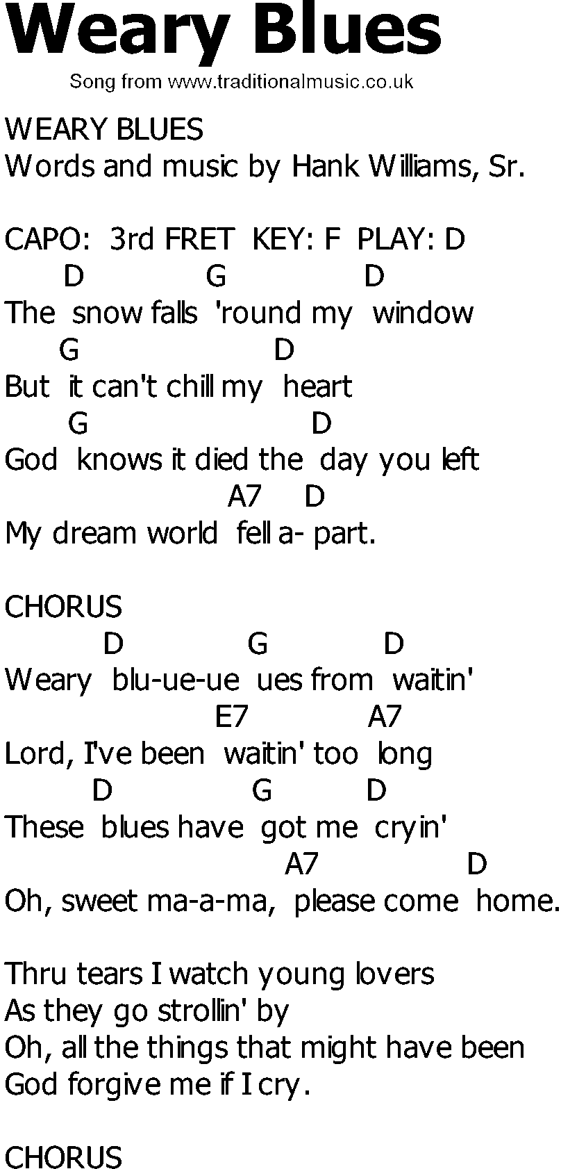 Old Country song lyrics with chords - Weary Blues