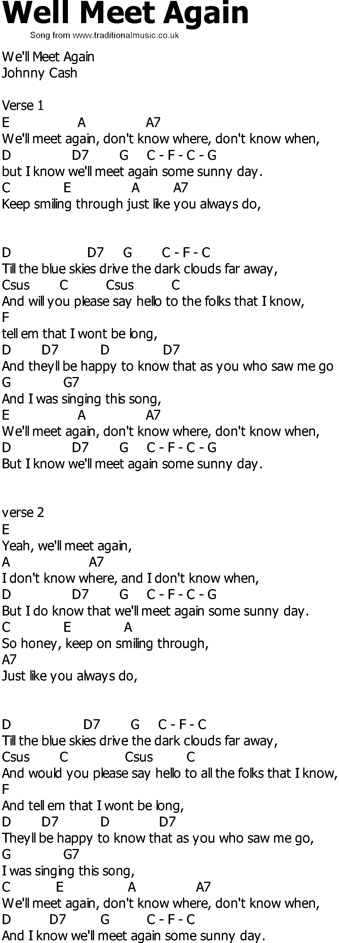 Old Country song lyrics with chords - Well Meet Again