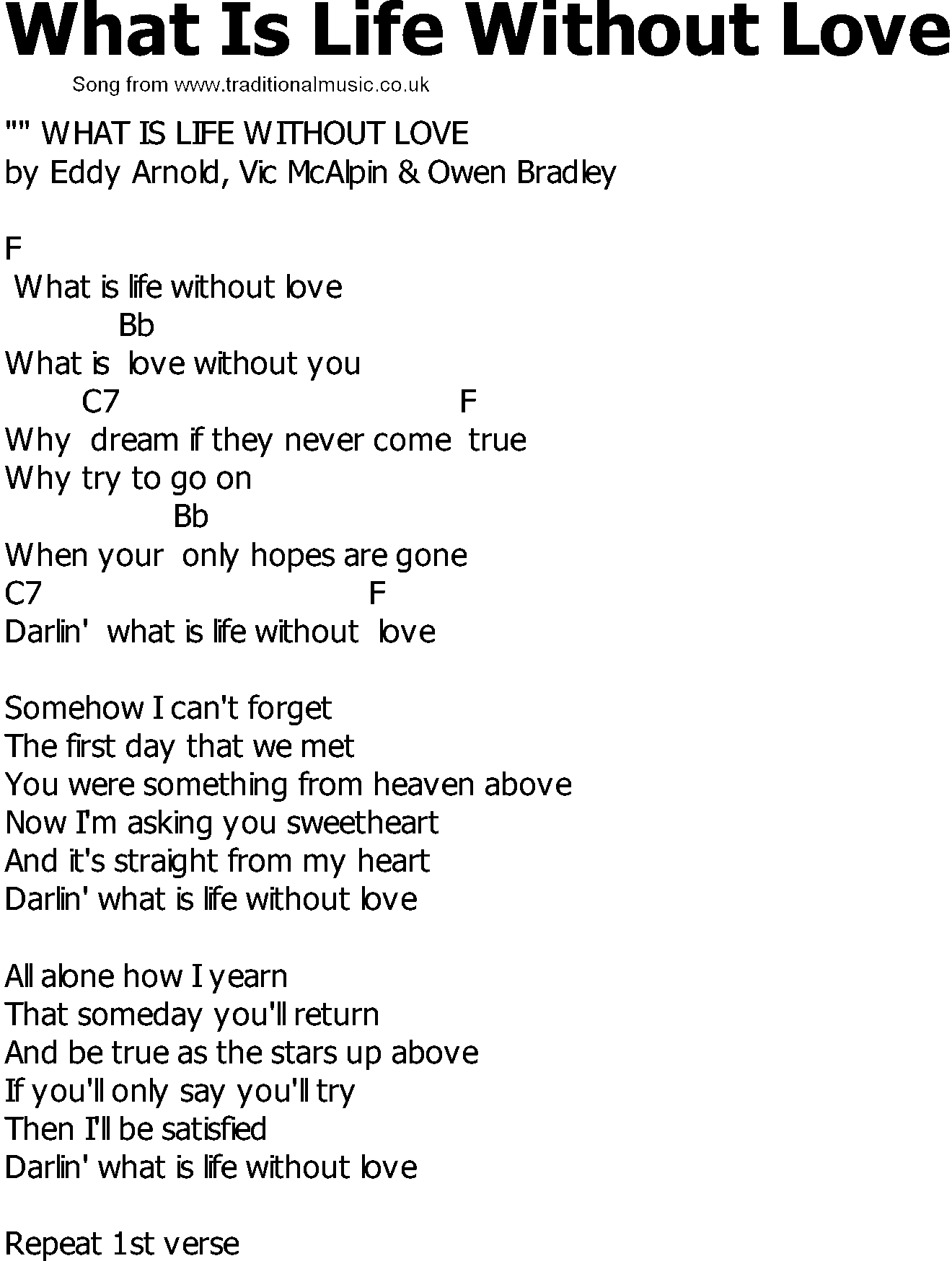 Old Country Song Lyrics With Chords What Is Life Without Love