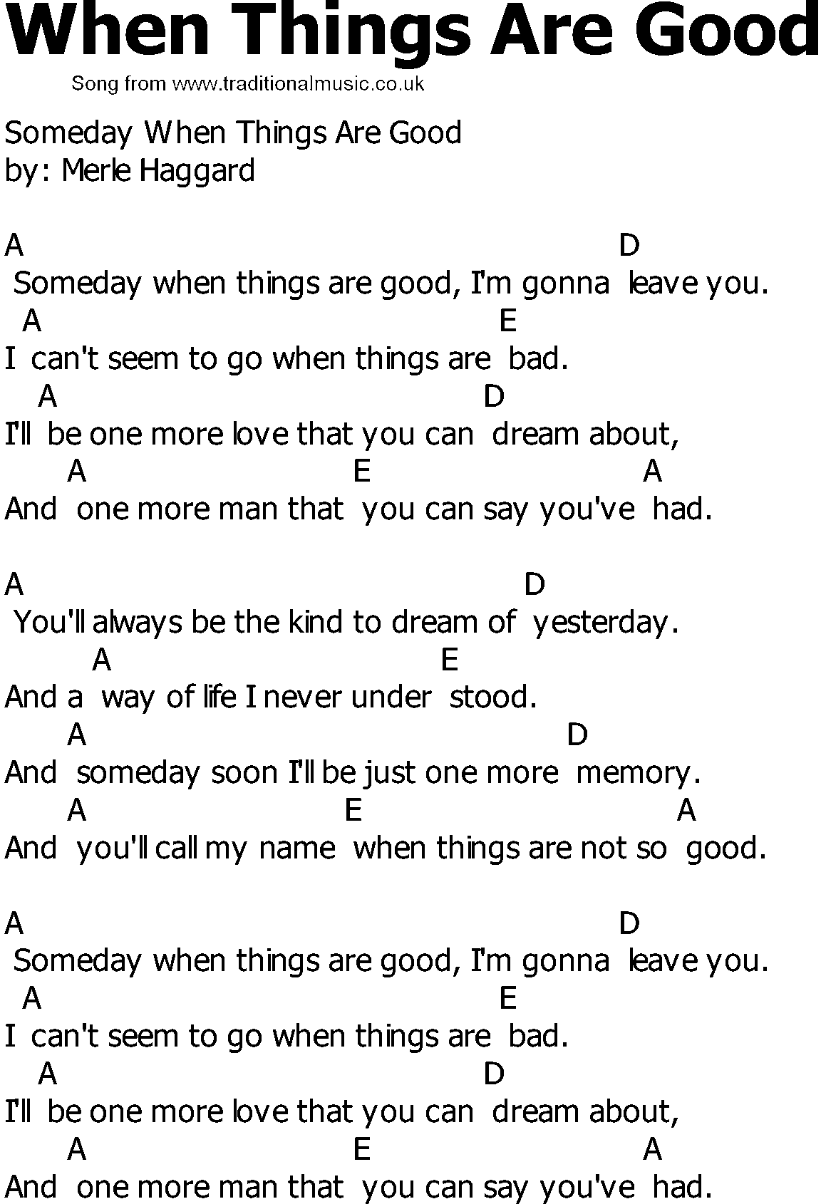 Old Country song lyrics with chords - When Things Are Good
