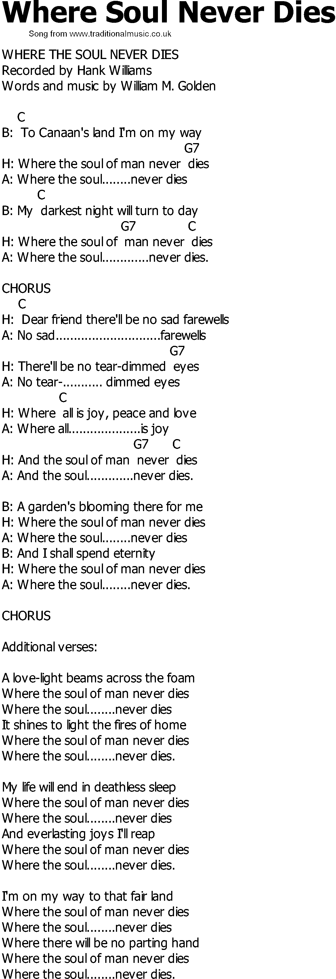Old Country song lyrics with chords - Where Soul Never Dies