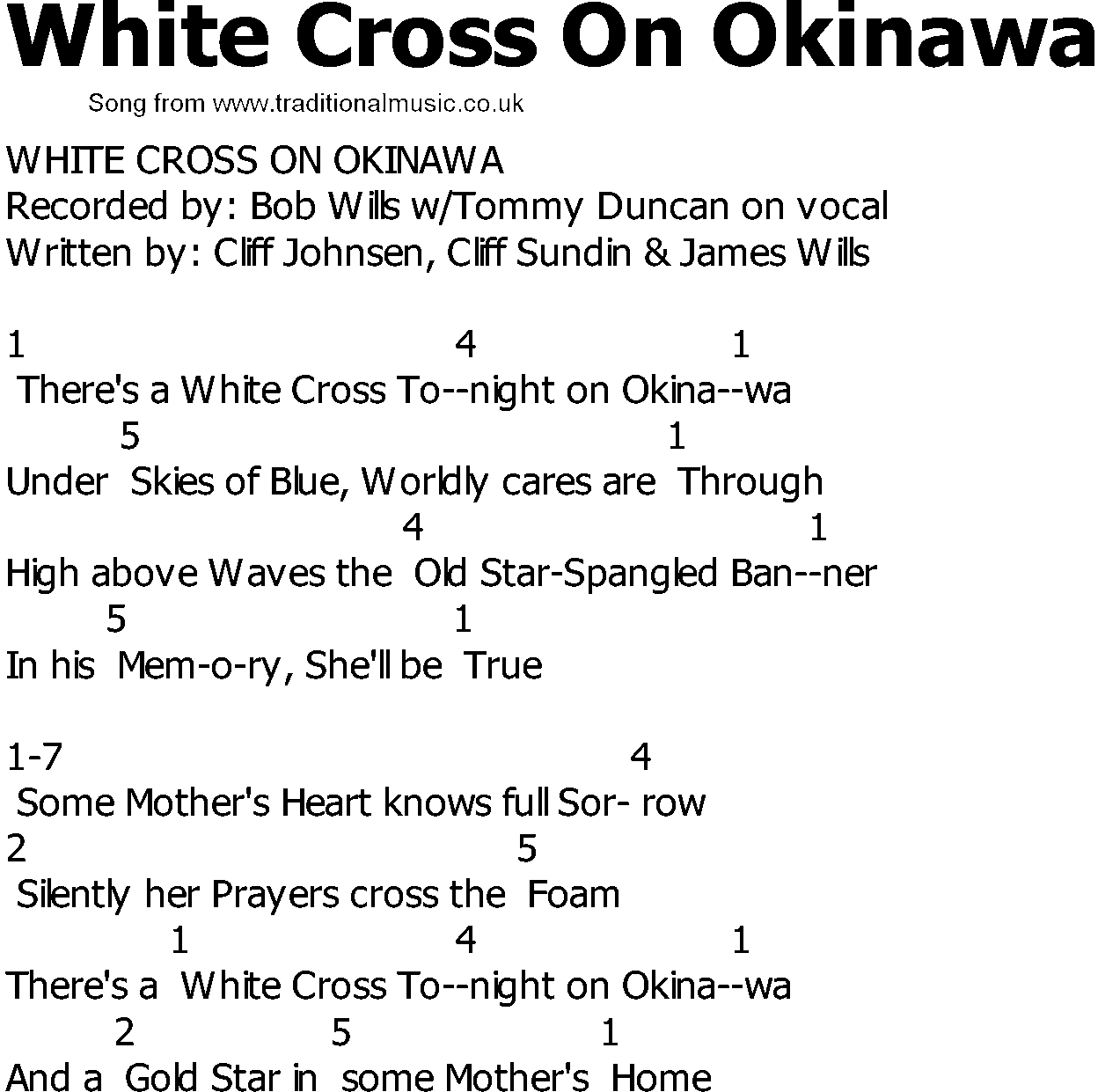 Old Country song lyrics with chords - White Cross On Okinawa