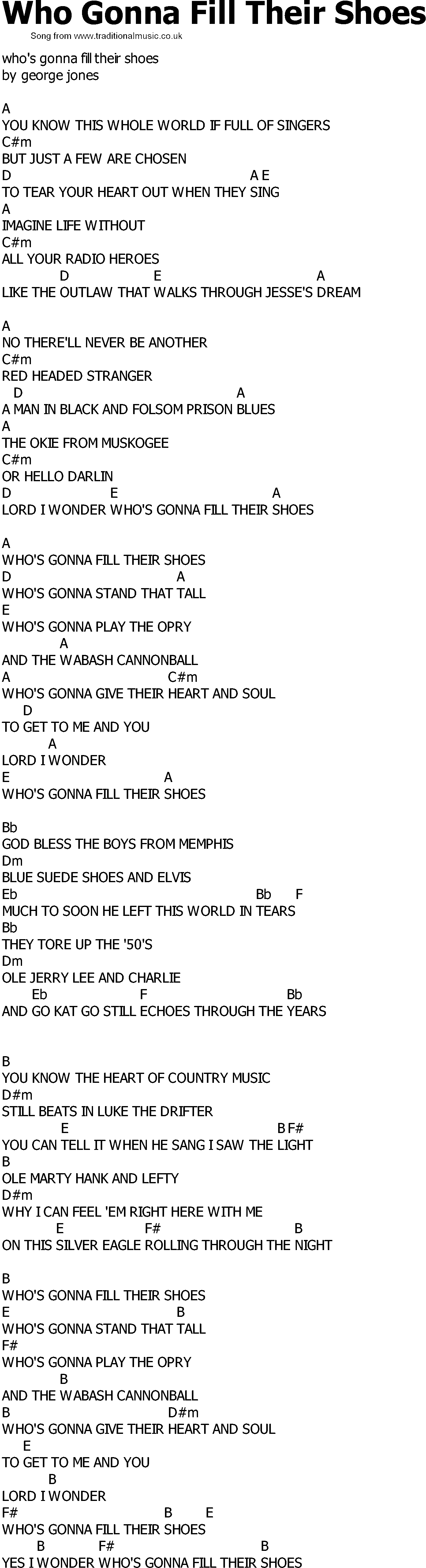 Old Country song lyrics with chords - Who Gonna Fill Their Shoes